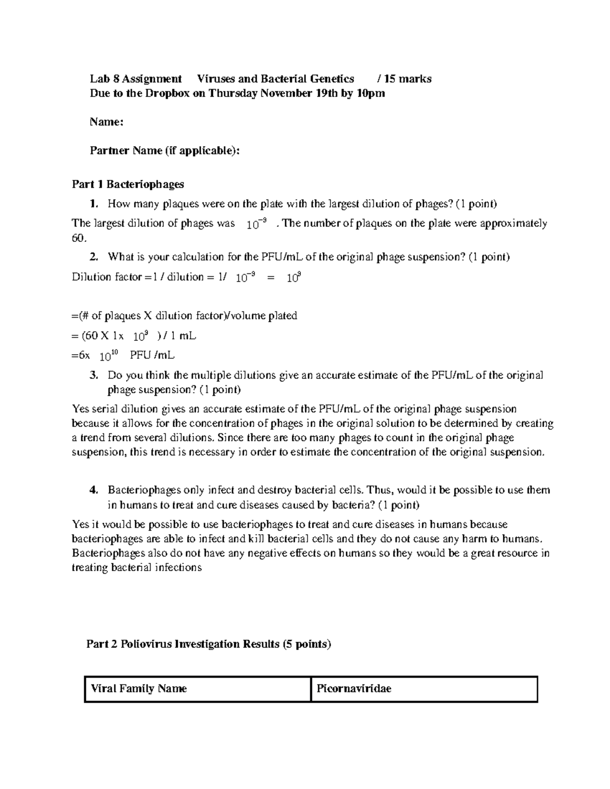 Lab 8 Assignment Lab 8 Assignment Viruses And Bacterial Genetics 15 Marks Due To The Dropbox