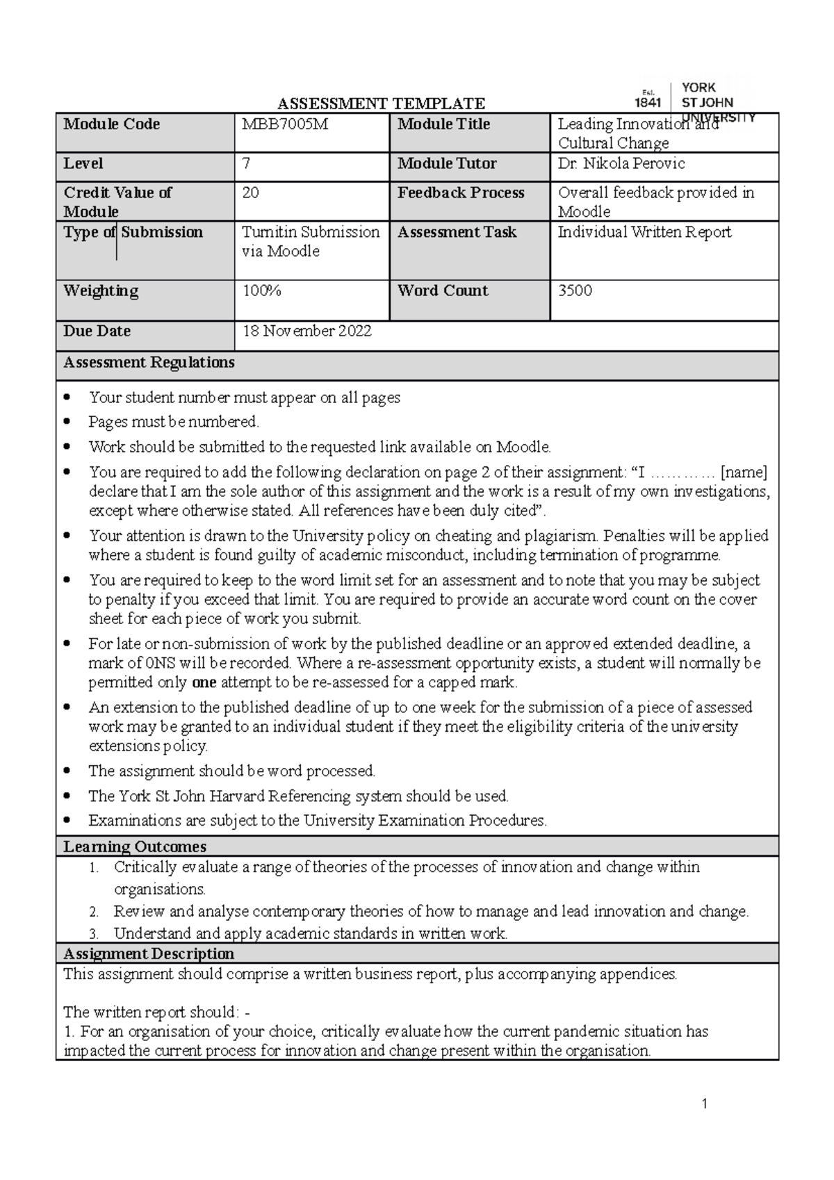 MBB7005M Assessment Brief 2022 - ASSESSMENT TEMPLATE Module Code ...