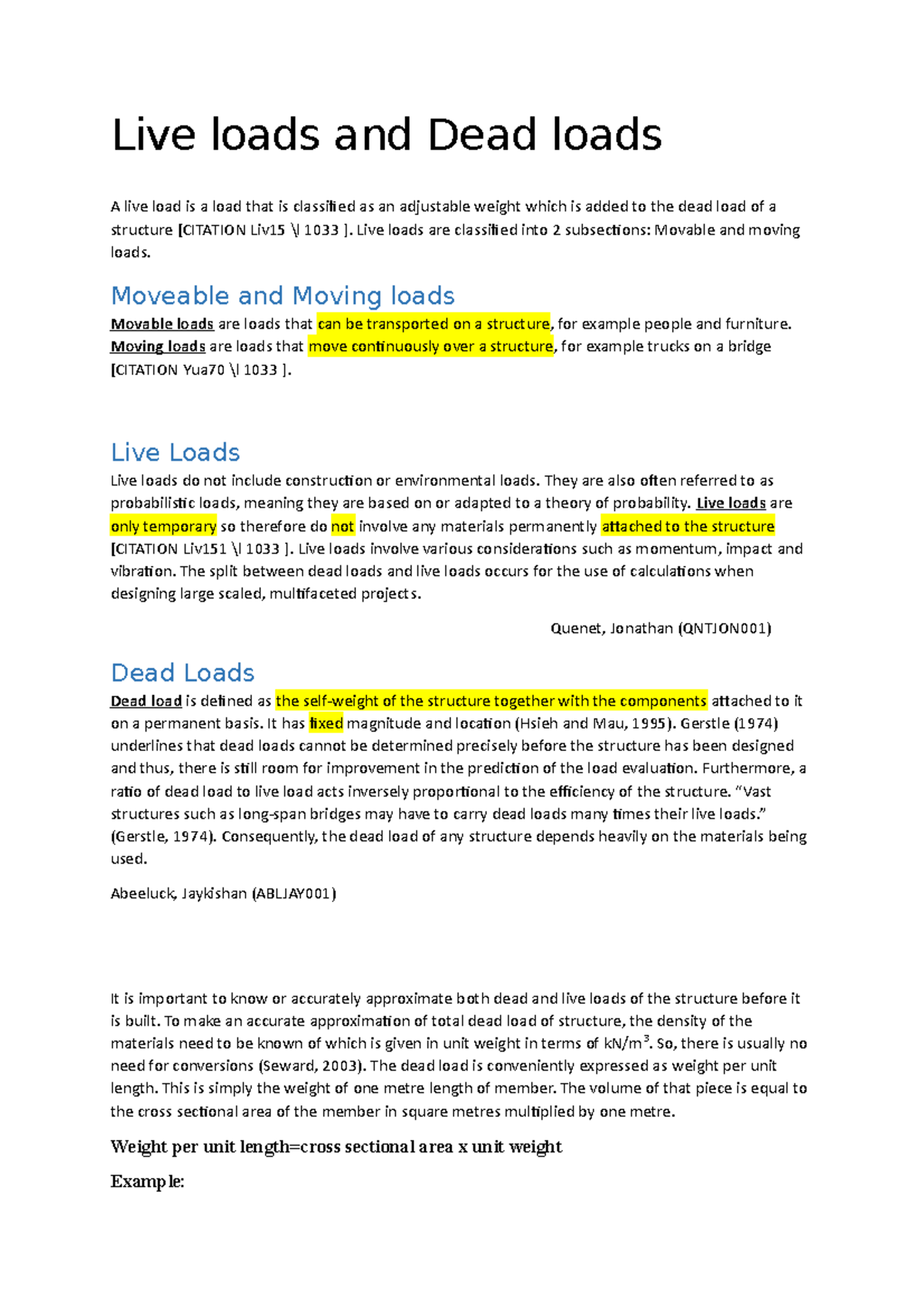Group 1 - Live loads and dead loads - Live loads and Dead loads A live ...