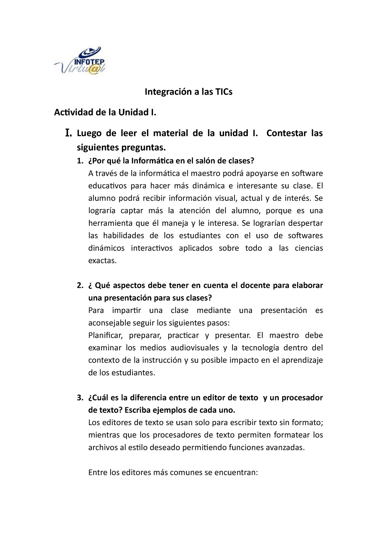 TICs Actividad De La Unidad I - I. Luego De Leer El Material De La ...