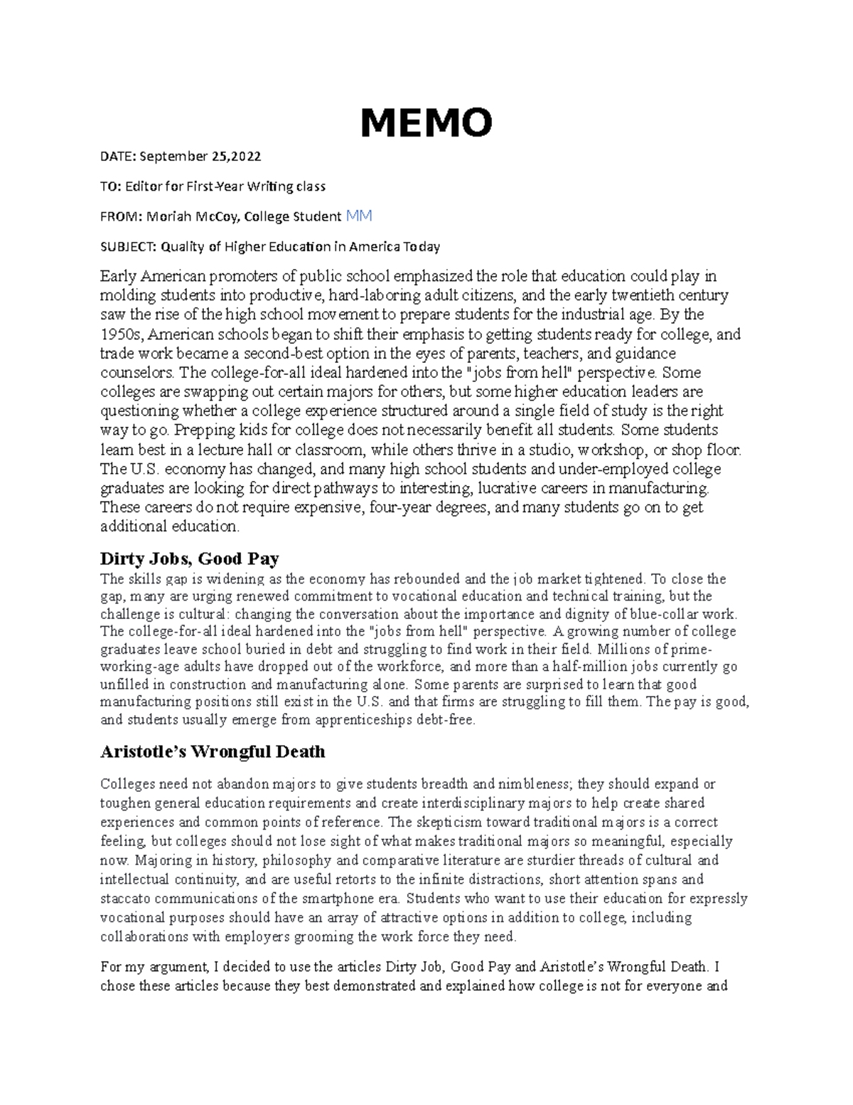 memo assignment example