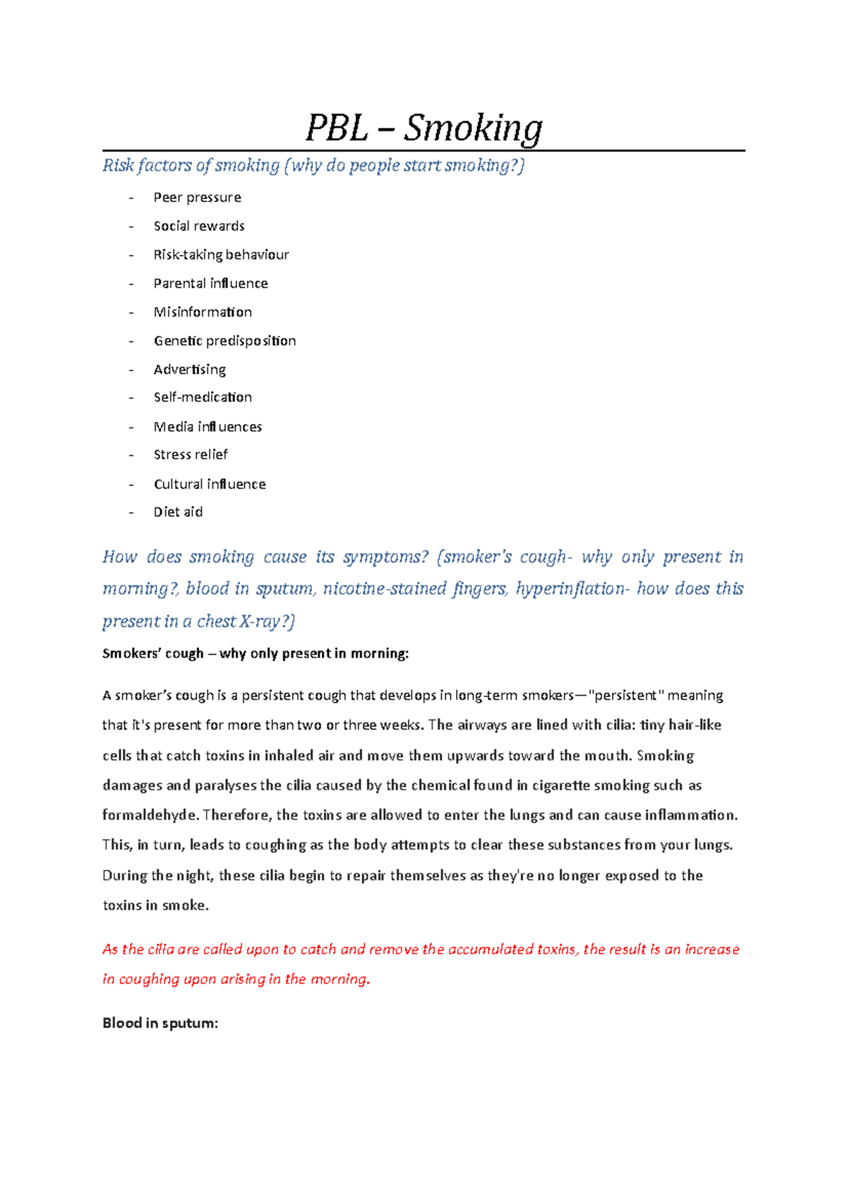 PBL - smoking - Lecture notes 15 - PBL – Smoking Risk factors of ...