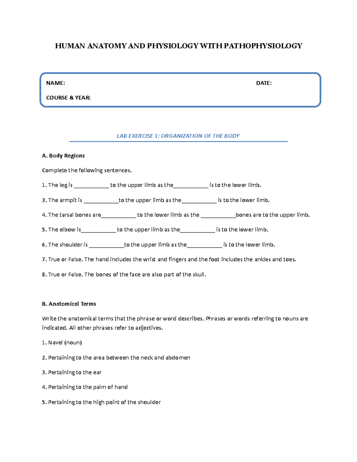 Activity 1 ANA 001 - anatomy - HUMAN ANATOMY AND PHYSIOLOGY WITH ...