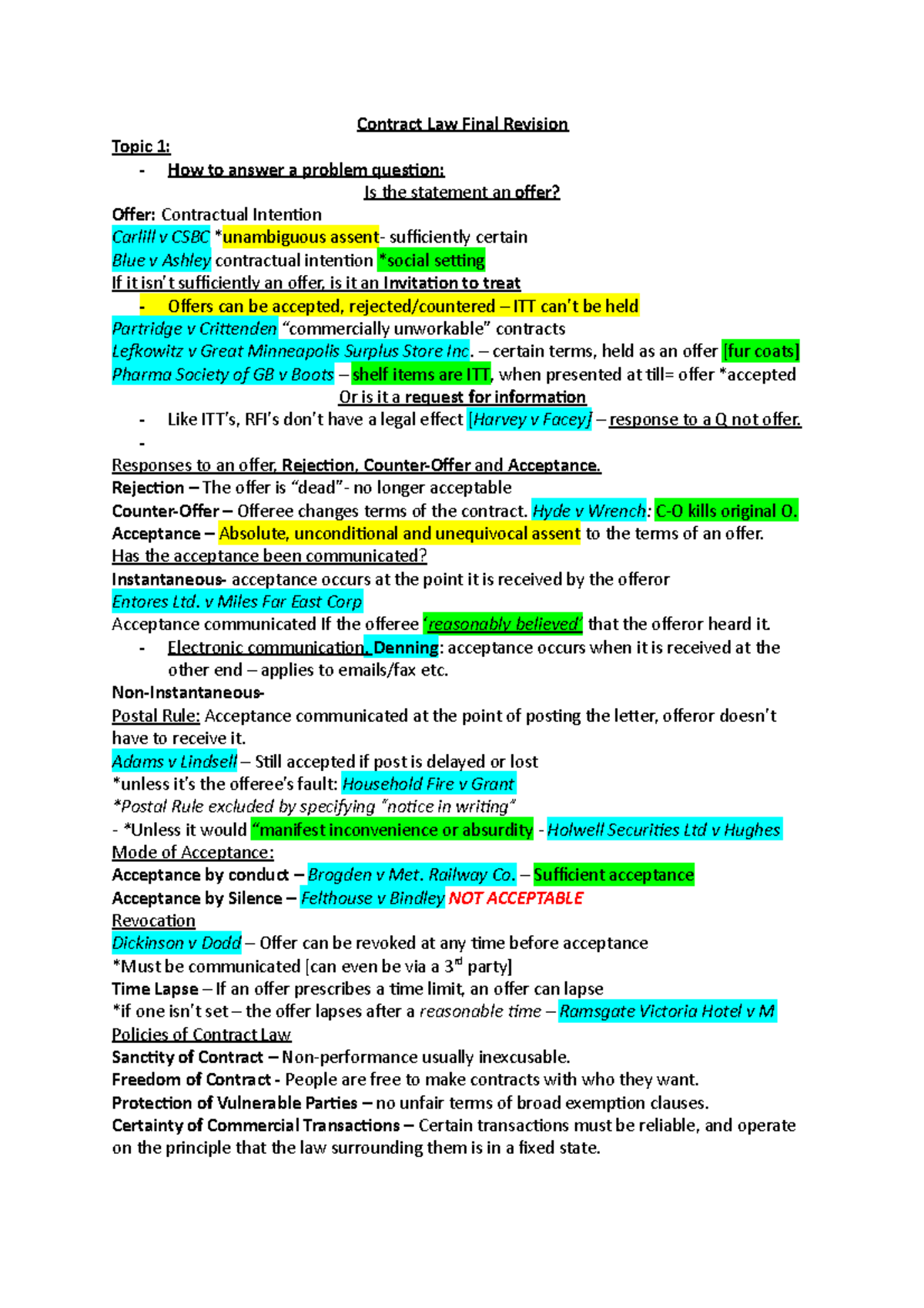 Contract Law Final Revision - Condensed 1 - Contract Law Final Revision ...