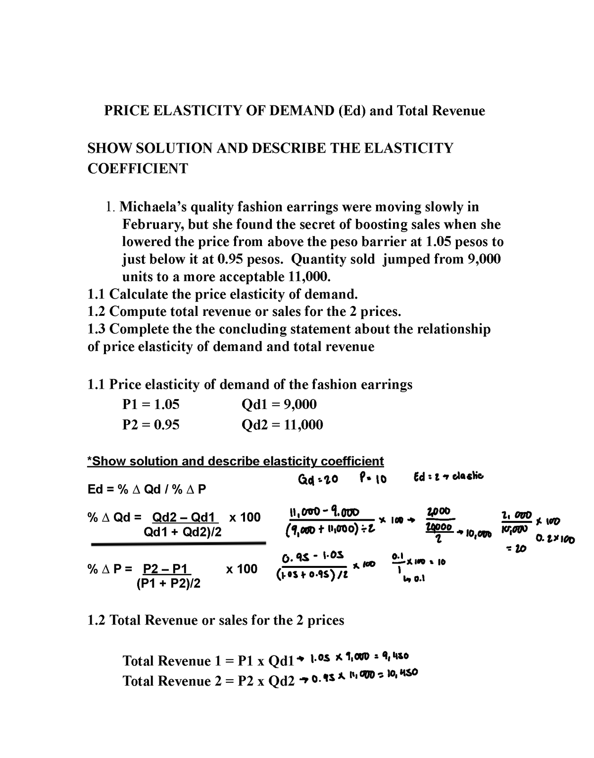 Exercise On Price Elasticity Of Demand And Total Revenue Bassig - PRICE ...