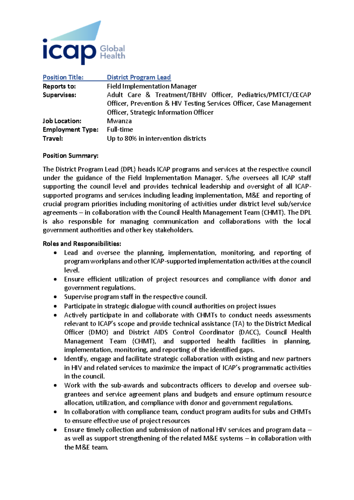 ICAP JD - District Program Lead - Position Title: District Program Lead ...