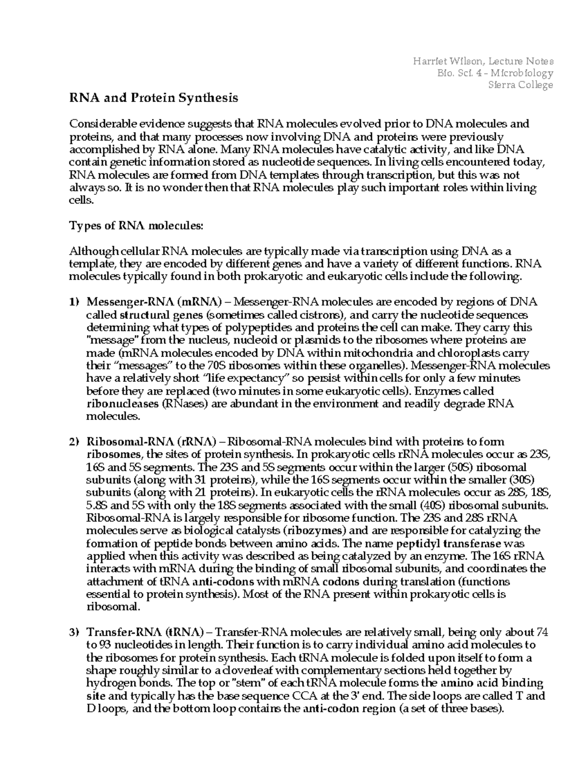 RNA and Protein Synthesis - Harriet Wilson, Lecture Notes Bio. Sci. 4 ...