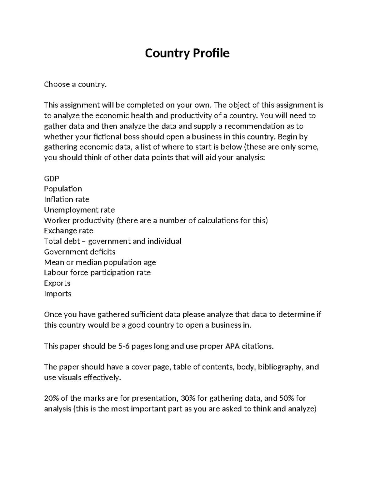 Country Profile assignment - Country Profile Choose a country. This ...