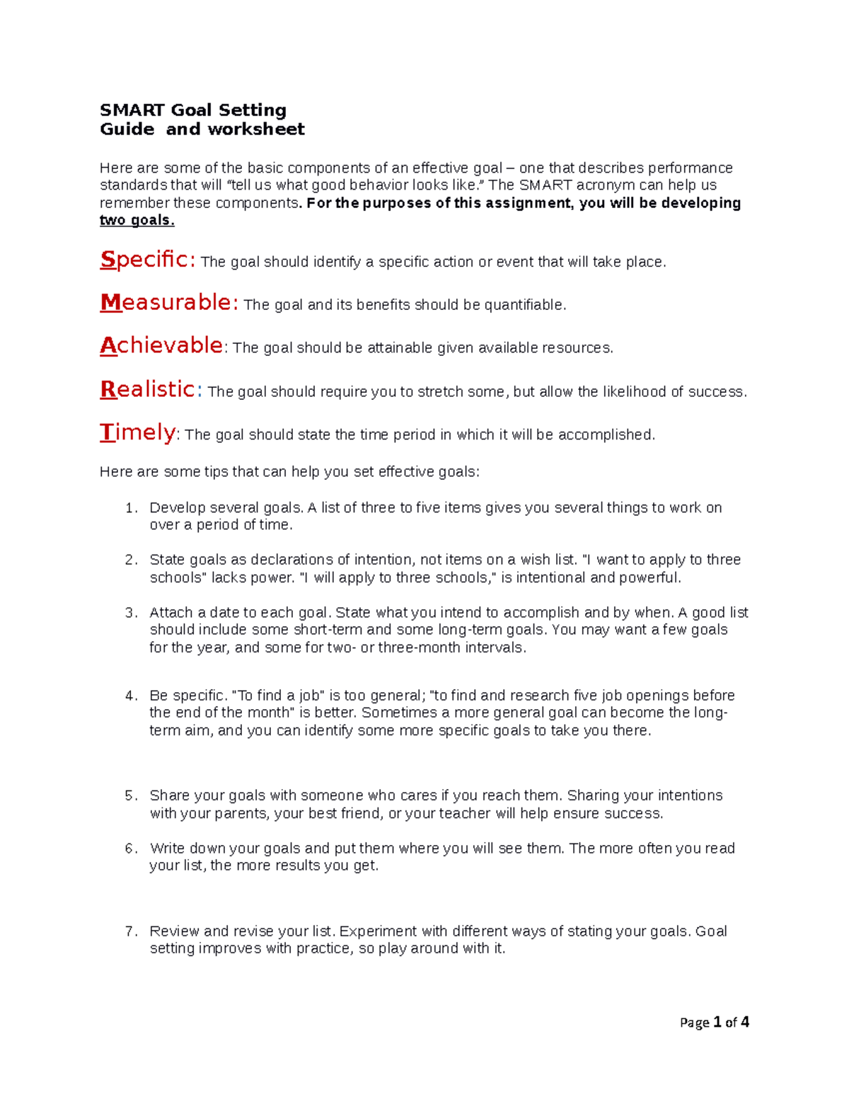 345264305 Smart Goal Setting Guidelines and Worksheet - SMART Goal ...