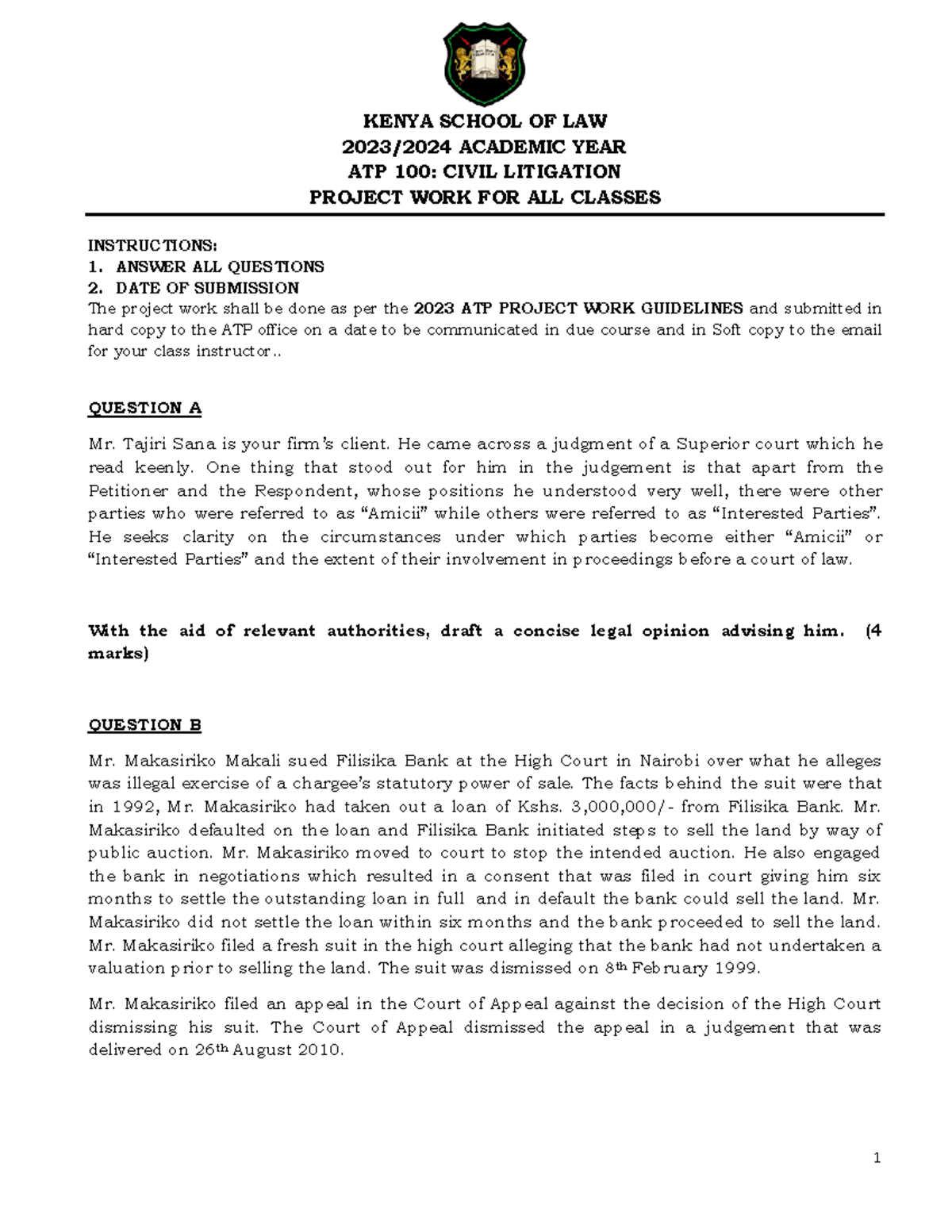 ATP 100 Civil Litigation Project work 20232024 FOR ALL Classes 1