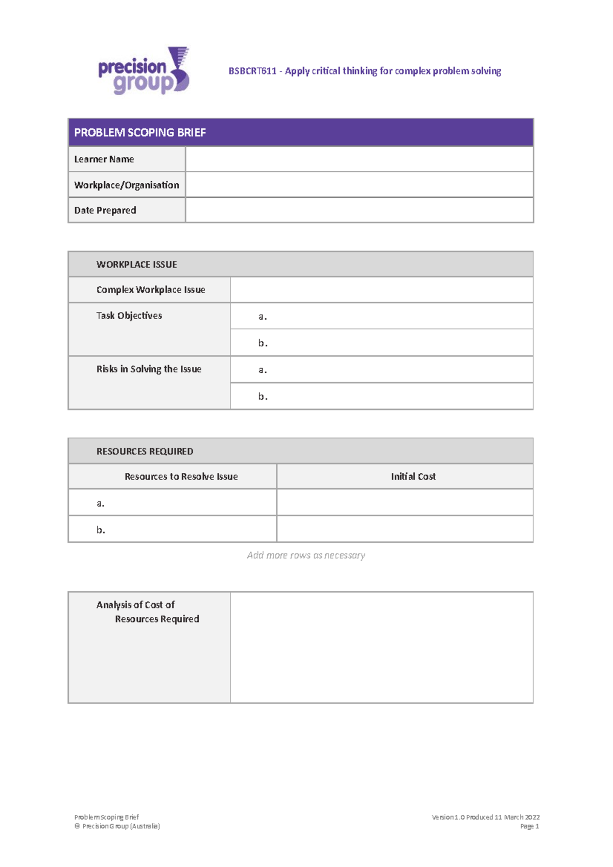 CRT611 Problem Scoping Brief v1 - BSBCRT611 - Apply critical thinking ...