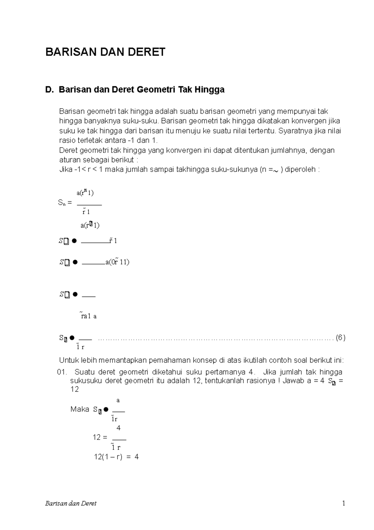 07-Deret Geometri Tak Hingga - BARISAN DAN DERET D. Barisan Dan Deret ...