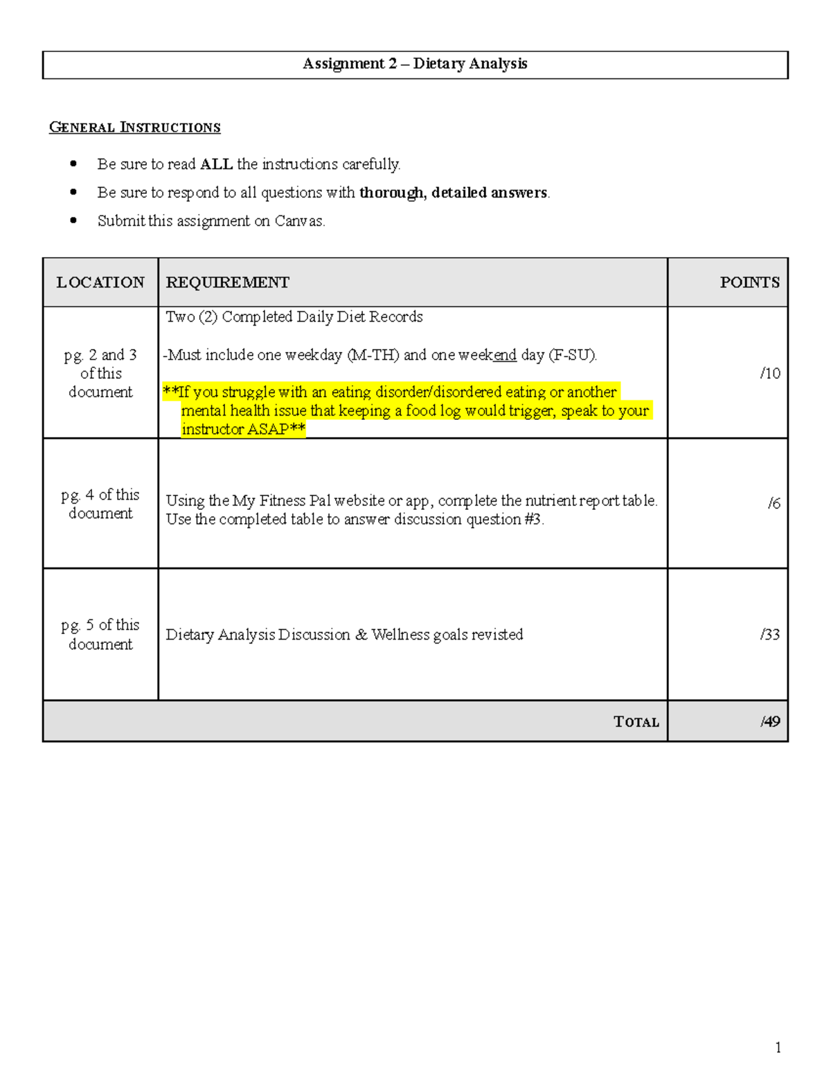 Assignment 2 - KIN 100: Section 2 - Assignment 2 – Dietary Analysis ...