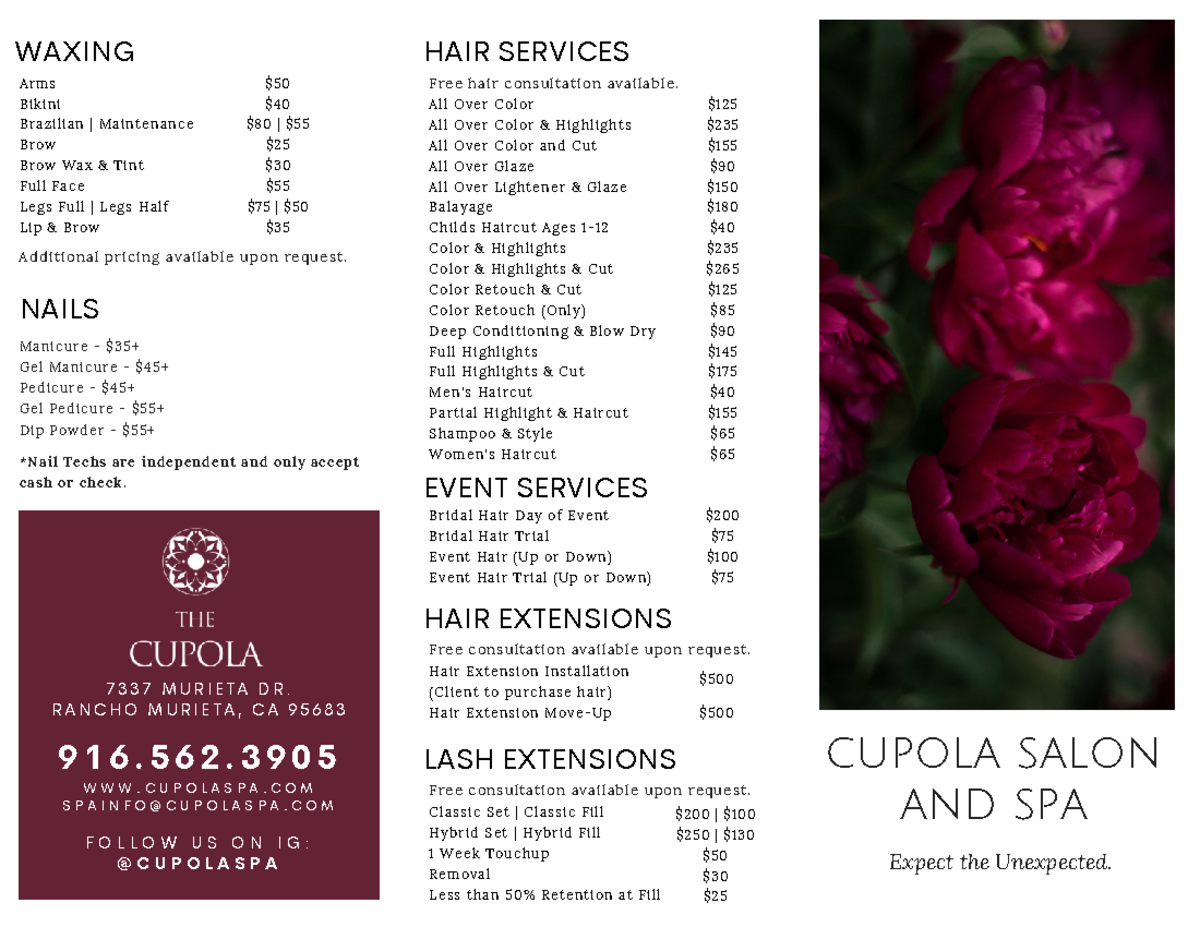 Cupola spa menu december 2023 7 3 3 7 M U R I E T A D R. R A N C H