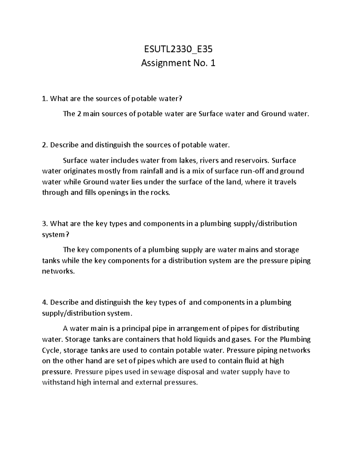 Plumbing Supply and Distribution System - ESUTL2330_E Assignment No. 1 ...