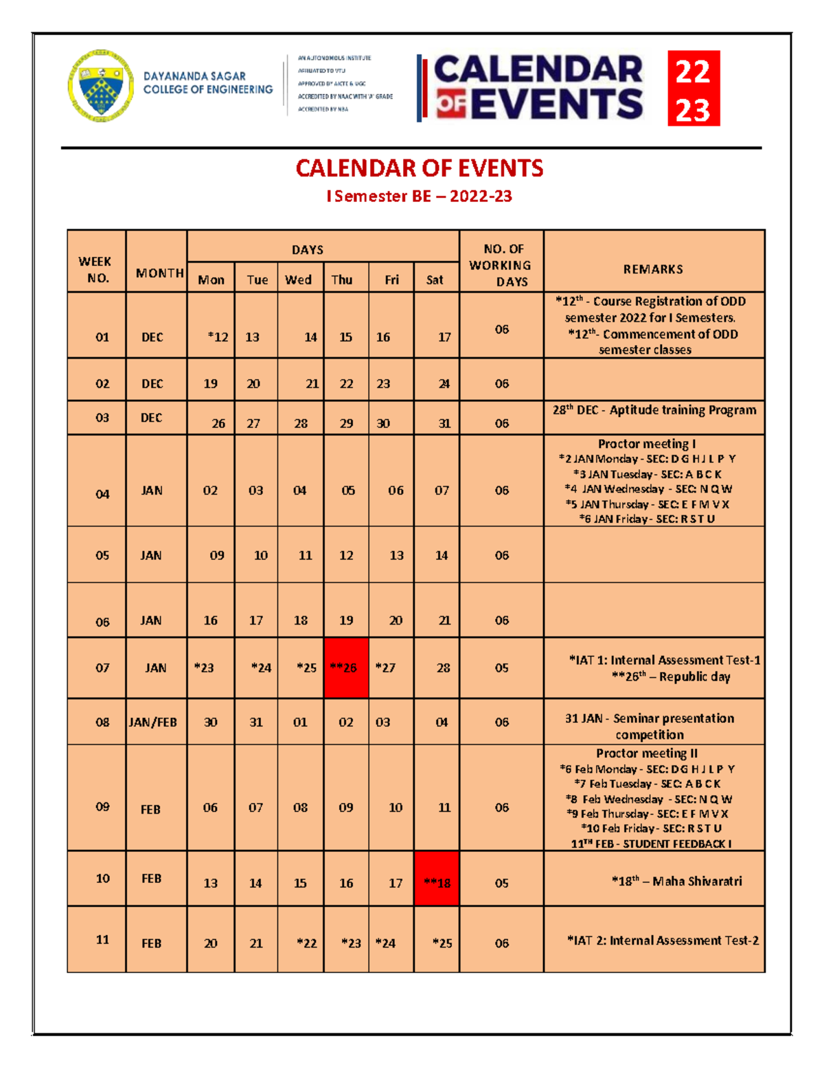 I Sem DSCE calendar of events 202223 CALENDAR OF EVENTS I Semester