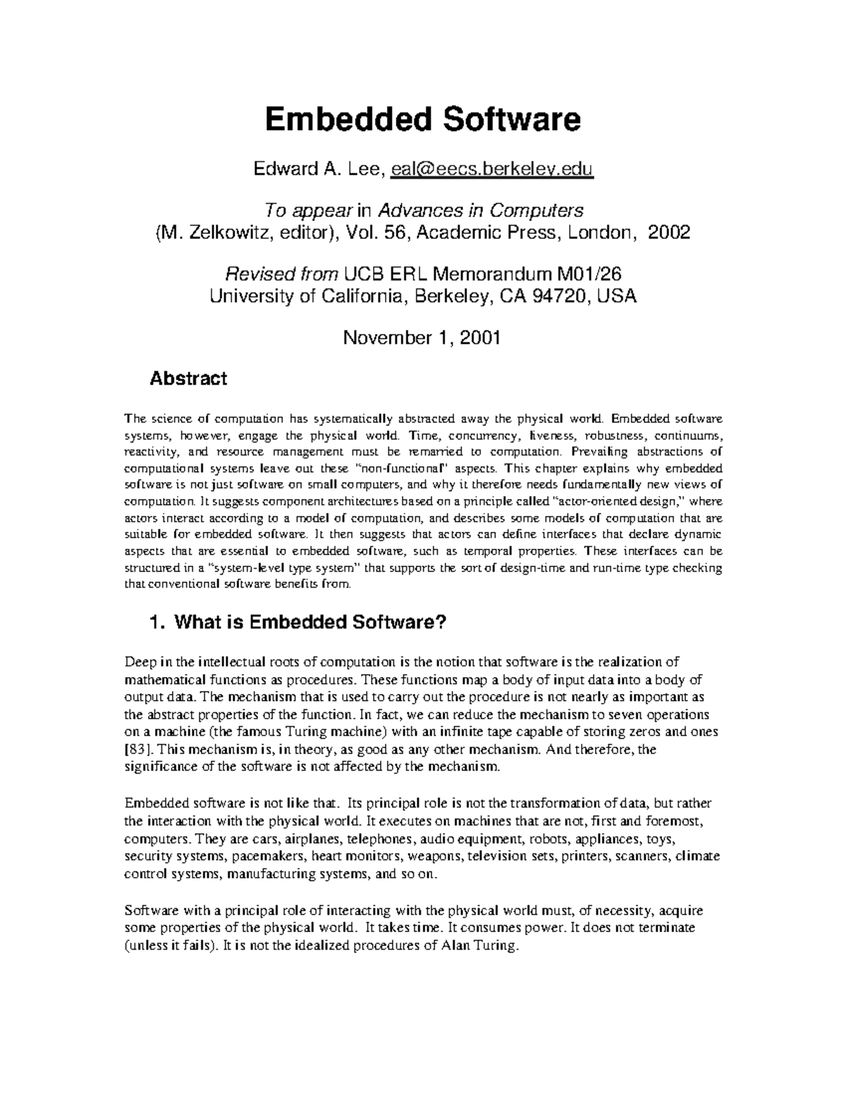 Embedded Software Embedded Software Edward A. Lee, ealeecs.berkeley