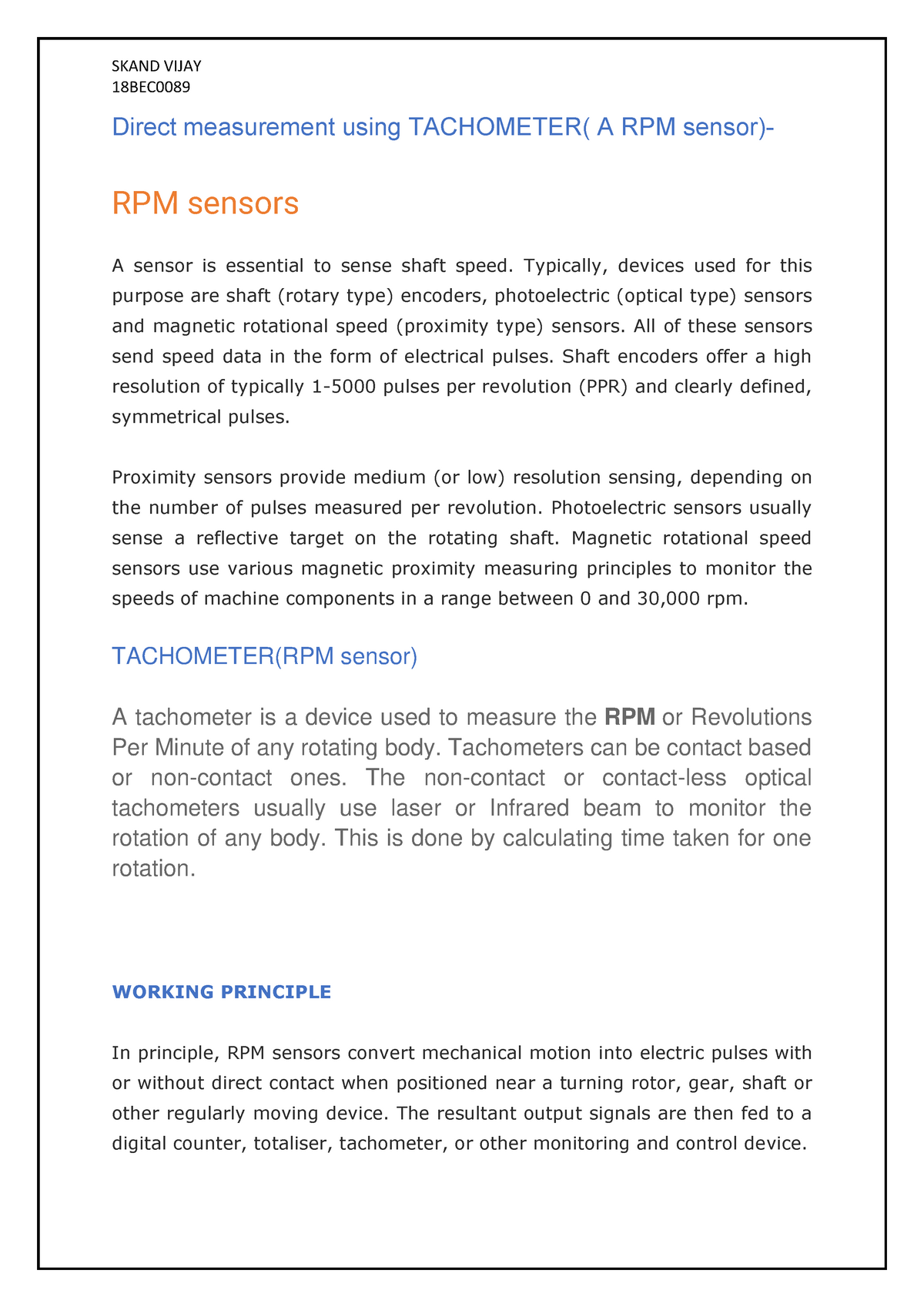 Direct measurement using Tachometer - SKAND VIJAY 18BEC0089 Direct ...