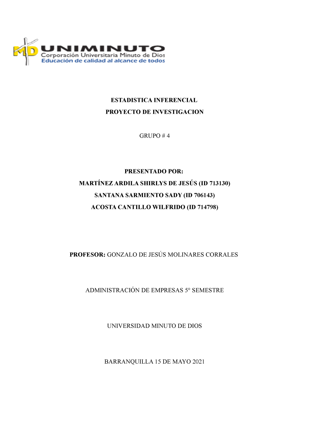 Proyecto DE Investigación Estadistica - ESTADISTICA INFERENCIAL ...