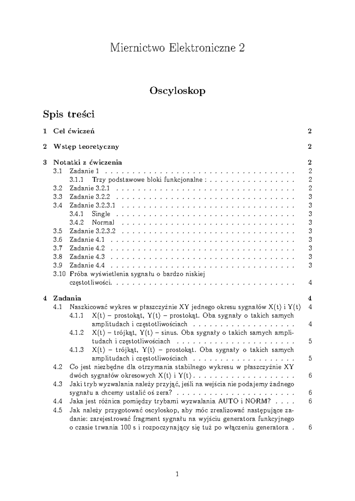 Oscyloskop - Sprawozdanie z zajęć - Miernictwo Elektroniczne 2