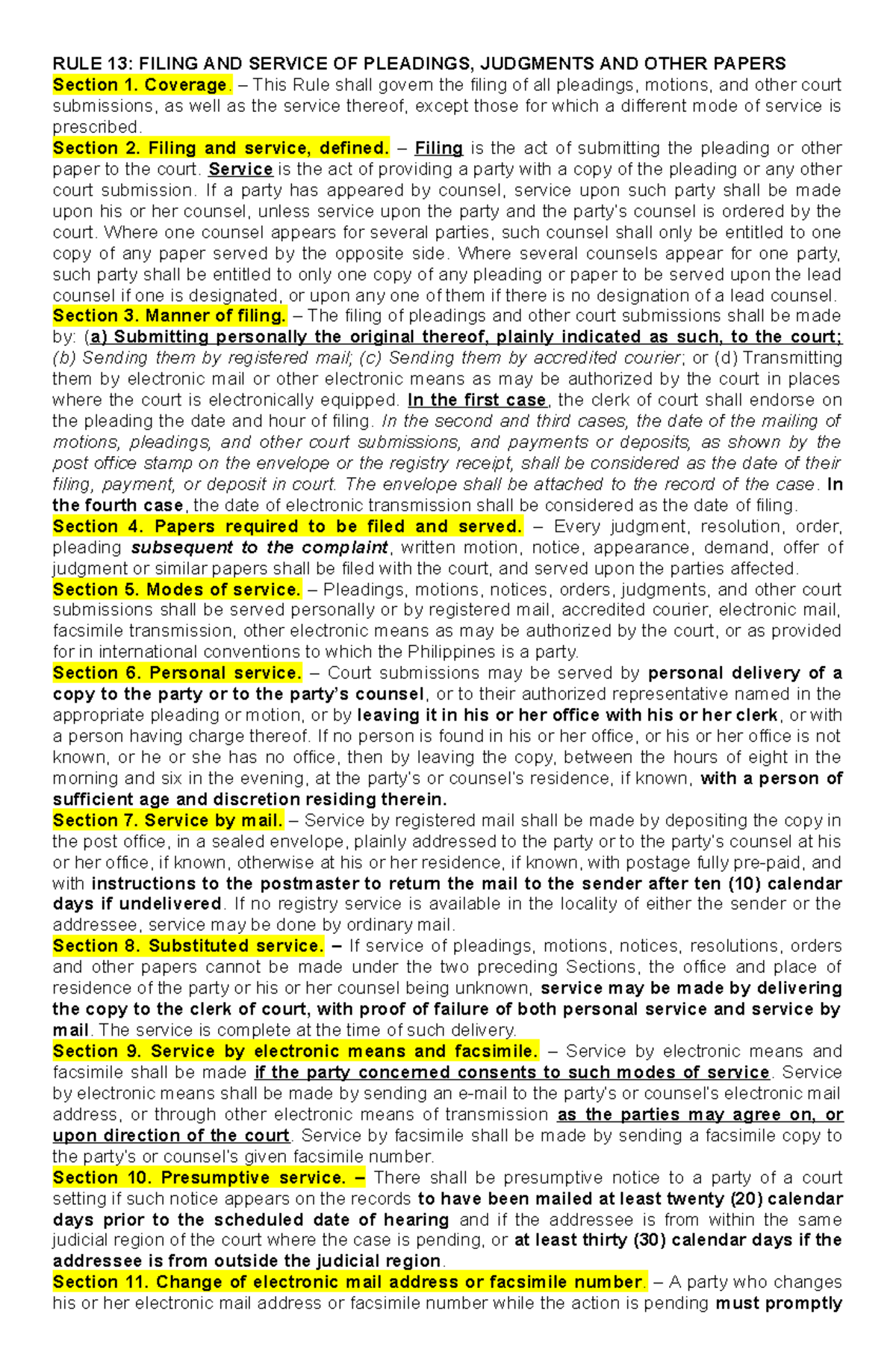RULE 13 - provisions only - RULE 13: FILING AND SERVICE OF PLEADINGS ...