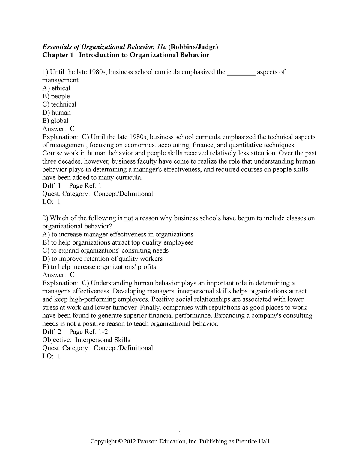 Robbins eob11 tif ch01 - MCQ practice - Essentials of Organizational ...