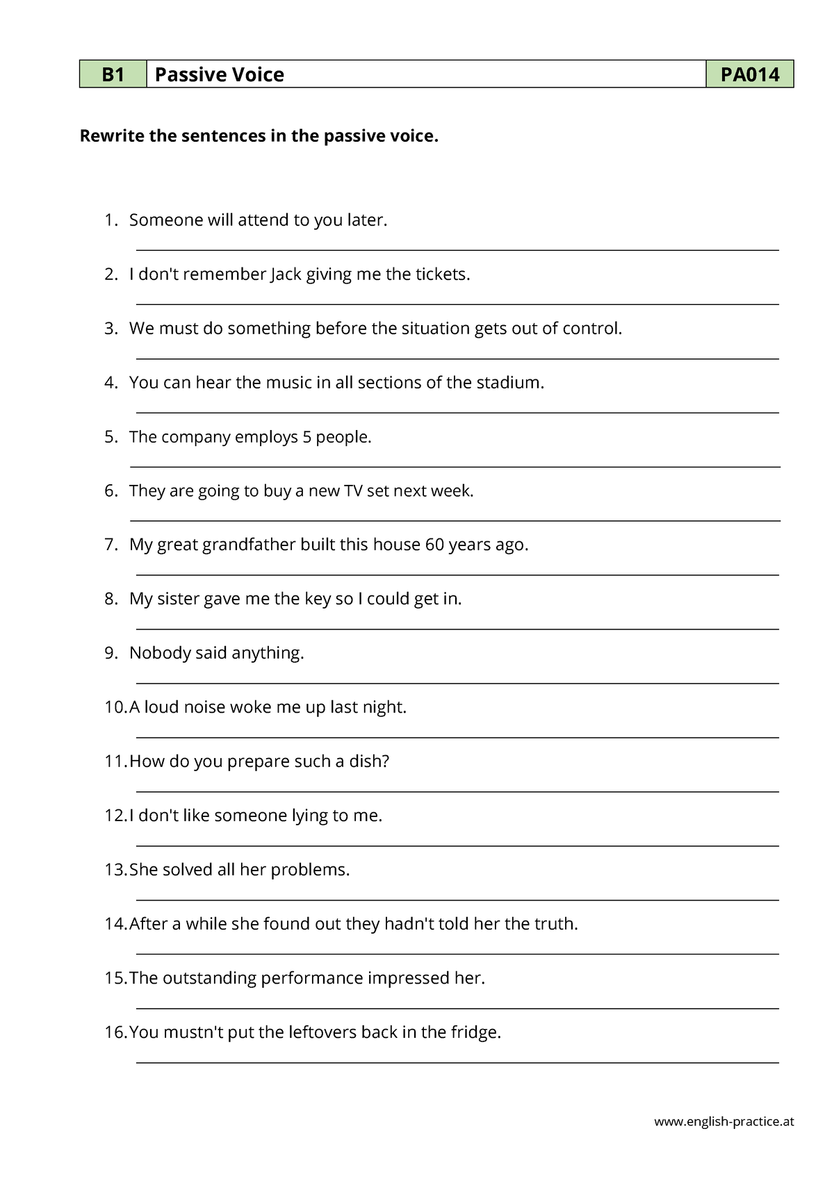 Passive Voice - PDF Grammar Worksheet - B1 - PA014 - english-practice ...