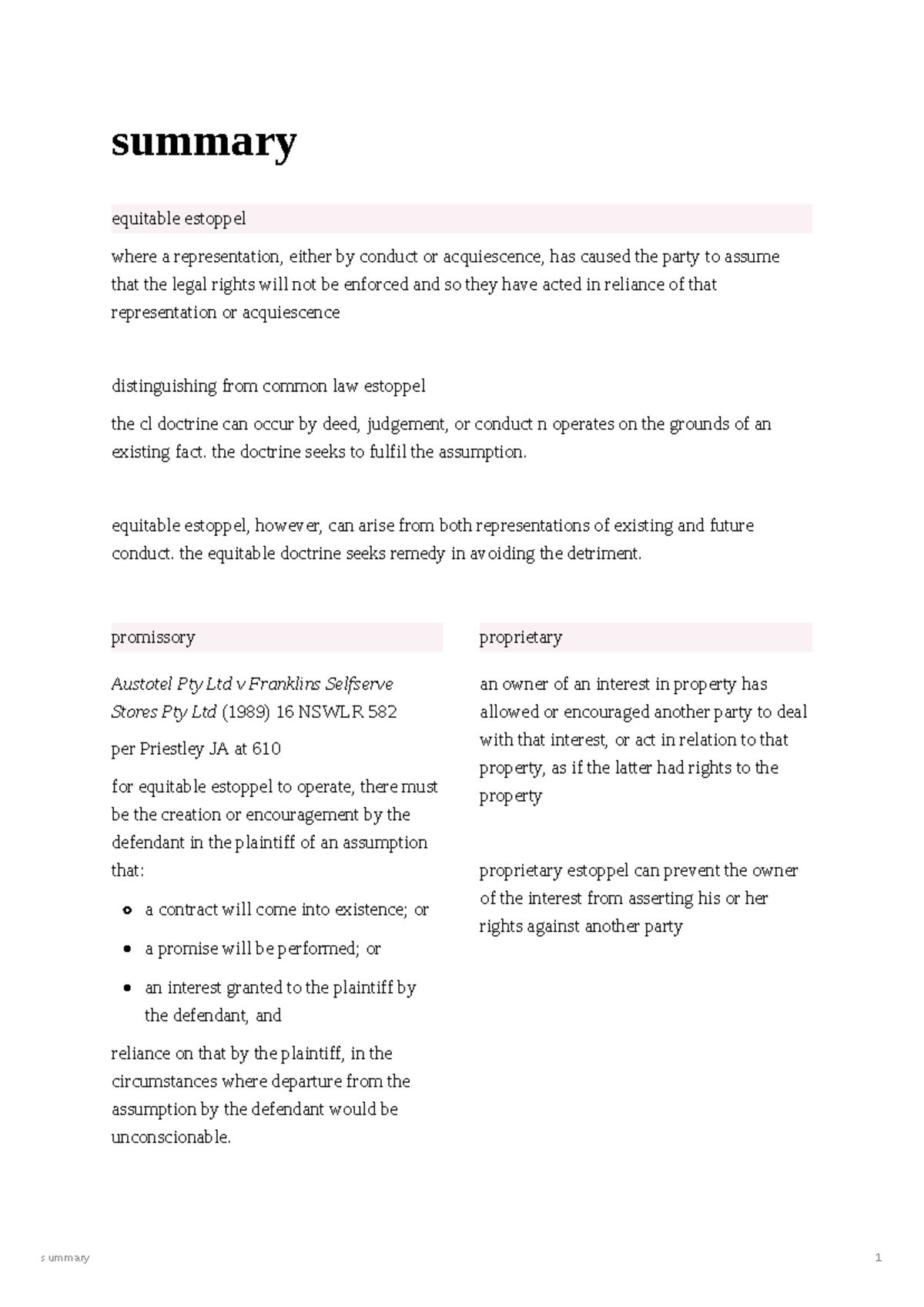 Equitable estoppel notes - summary equitable estoppel where a ...