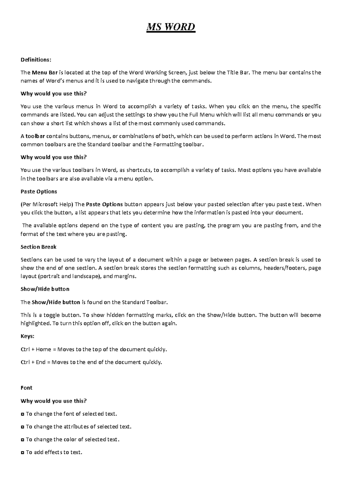 Notes - MS WORD Definitions: The Menu Bar is located at the top of the ...