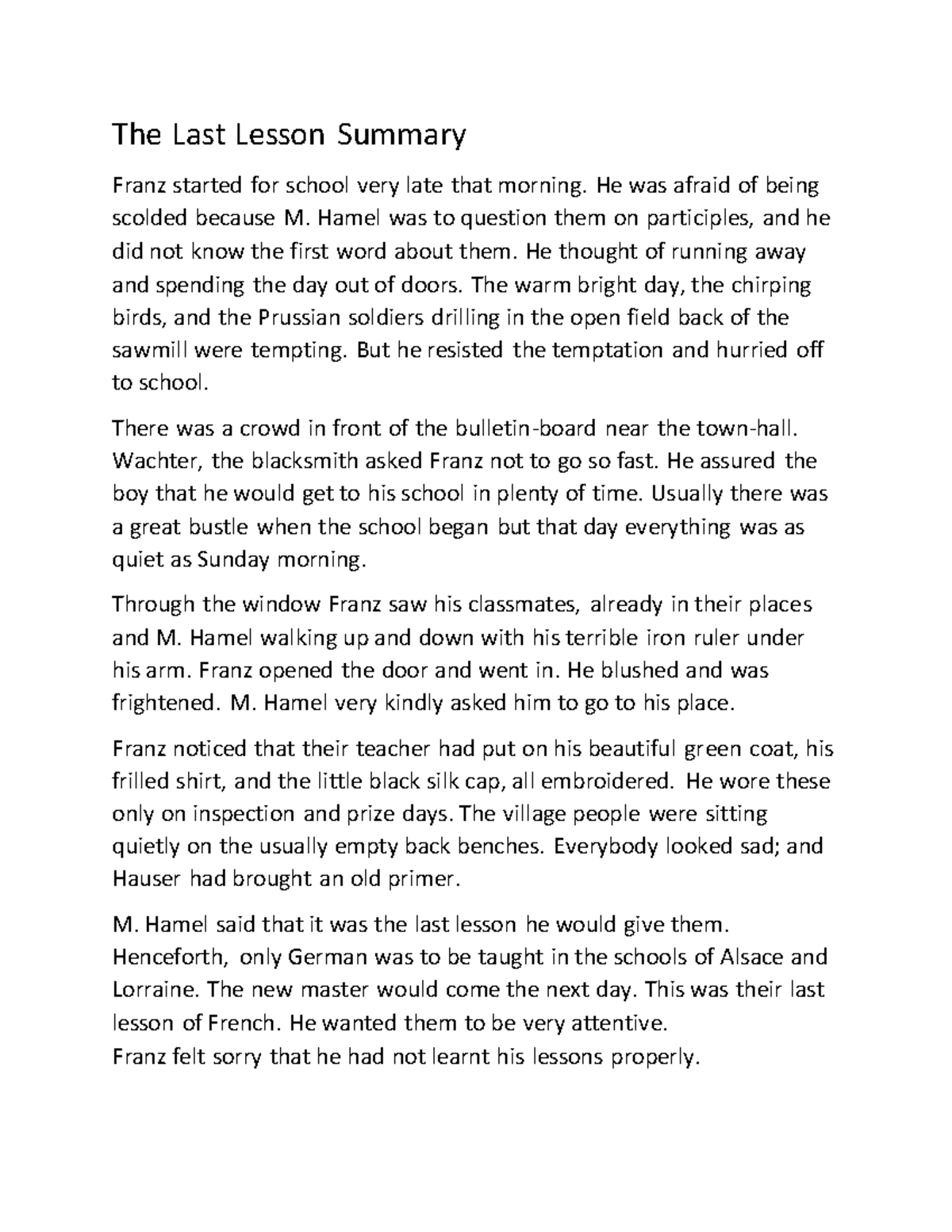 Thelastlesson The Last Lesson Summary Franz started for school very