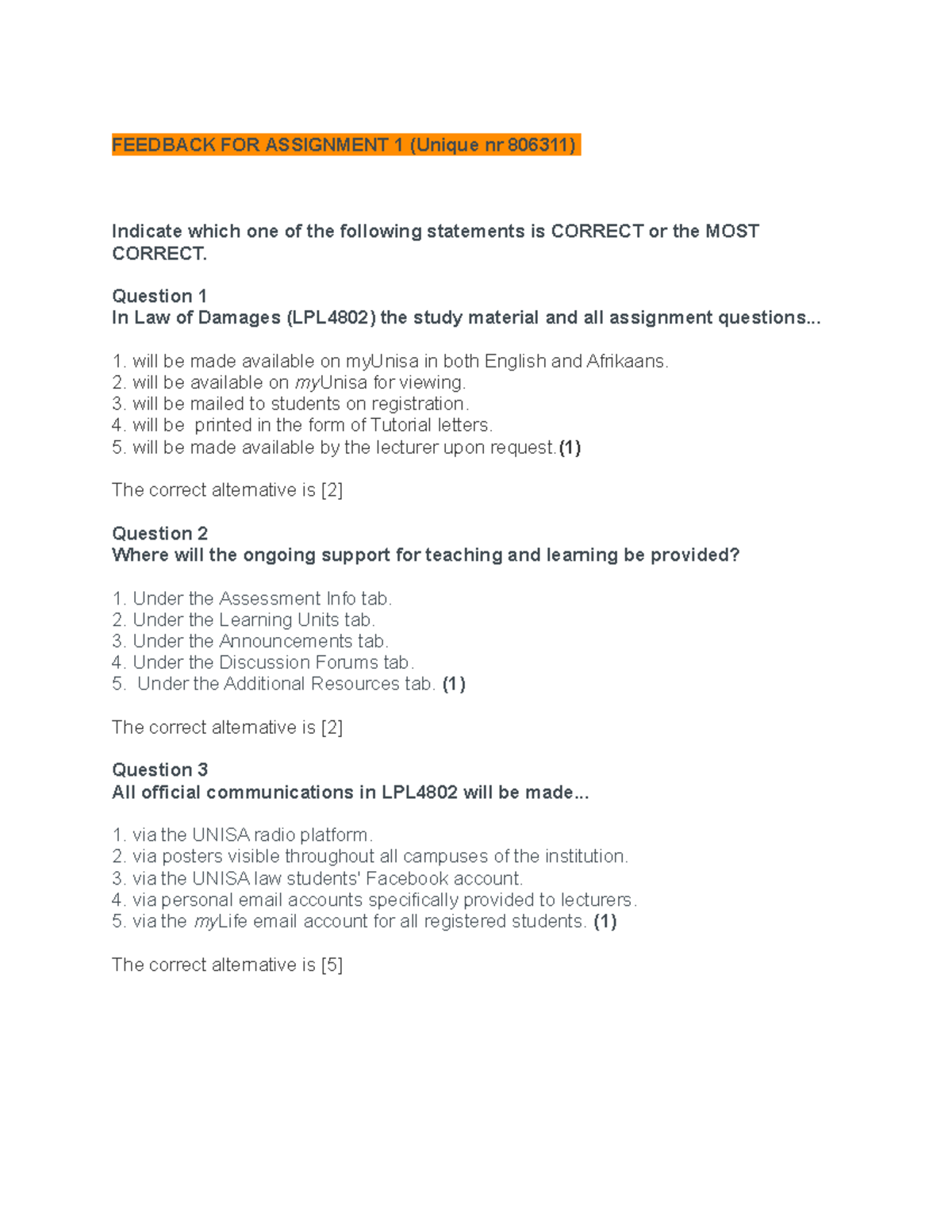 Feedback On Assignment 1 2018 Sem1 Feedback For Assignment 1 Unique Nr 806311 Indicate Which Feedback On Assignment 1 2018 Sem1 Feedback For Assignment 1 Unique Nr 806311 Indicate Which