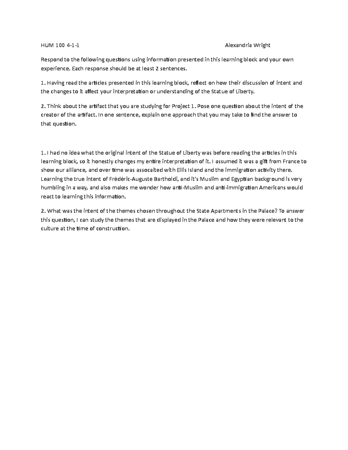 Intent for the statue of liberty HUM 100 Alexandria Wright Respond to