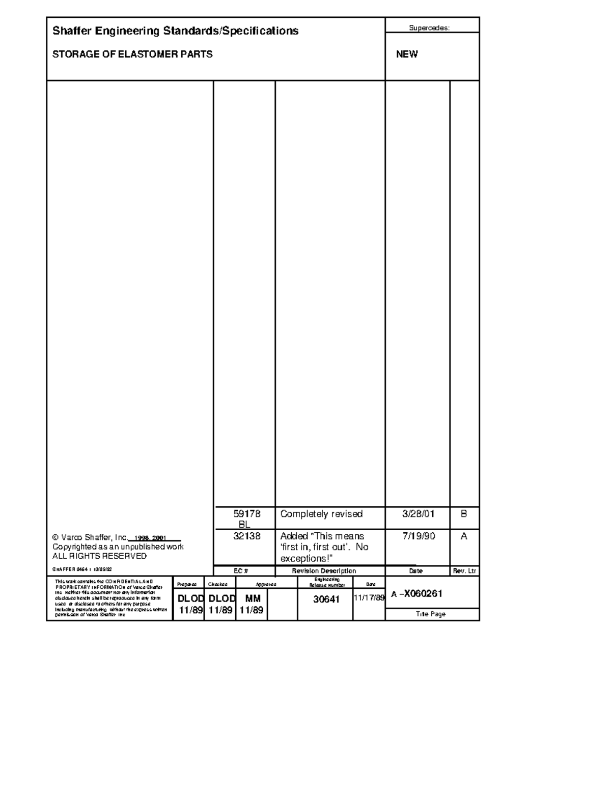 Elastomer Storage of BOP RAM elastomers Shaffer Engineering Standards