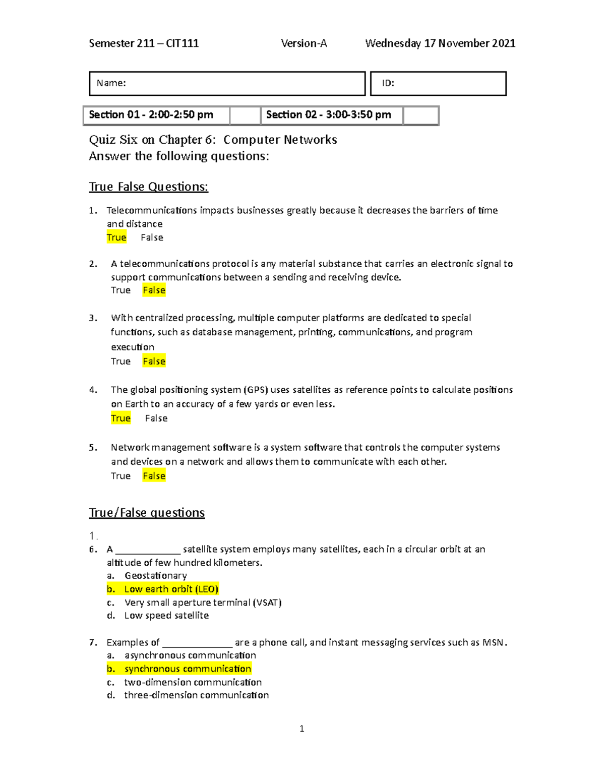 211 CIT111 Quiz 6 A Solution - Semester 211 – CIT111 Version-A ...