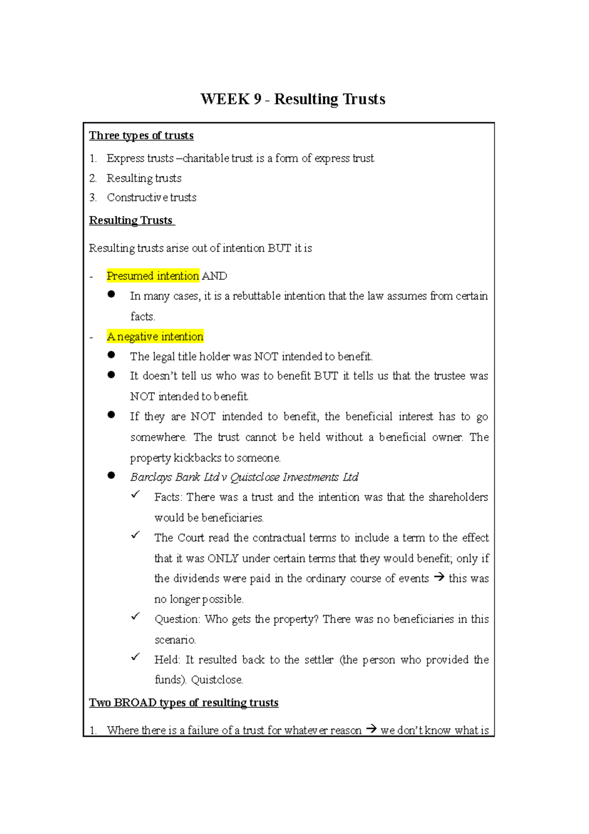 Equity detailed study notes PART D - WEEK 9 - Resulting Trusts Three ...