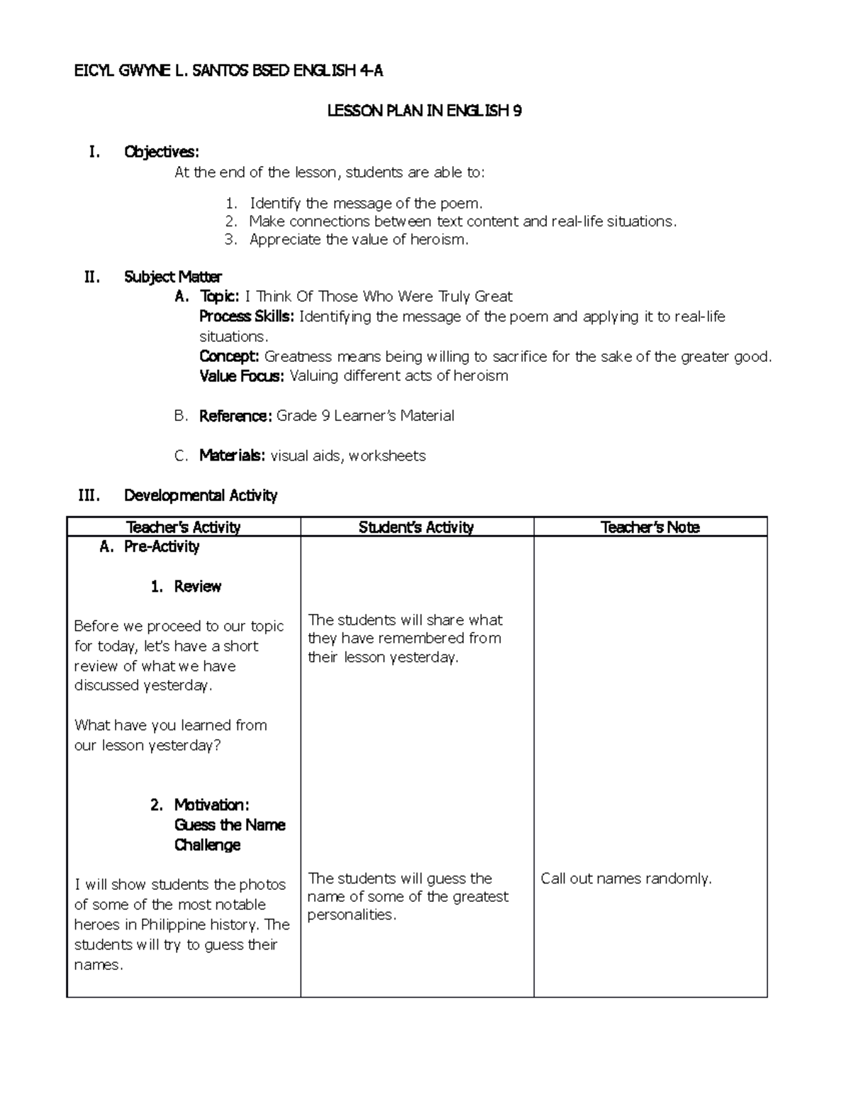 Lesson Plan - Eicyl Gwyne L. Santos Bsed English 4-a - Eicyl Gwyne L 