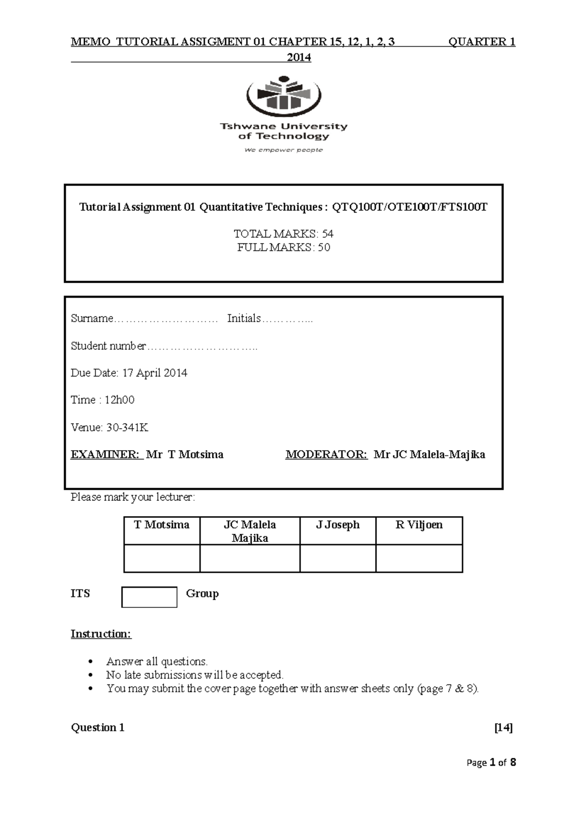 Tutorial Assigment 01 2014 - MEMO TUTORIAL ASSIGMENT 01 CHAPTER 15, 12 ...