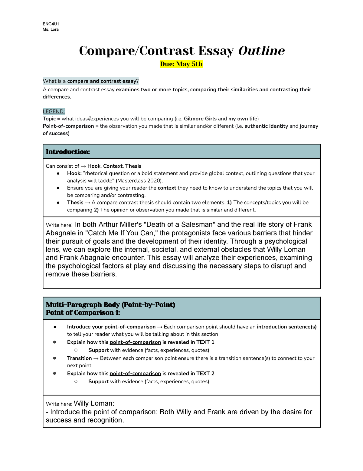 compare and contrast essay outline point by point