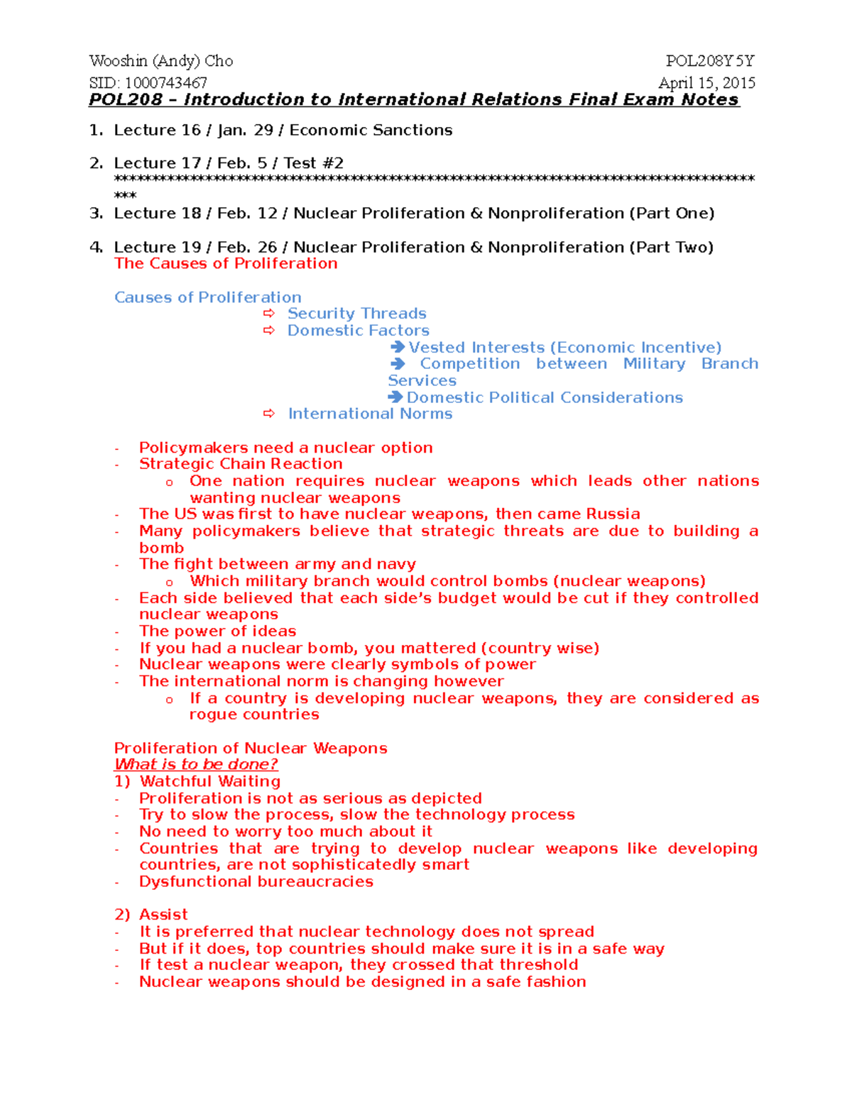POL208 Final Exam Notes - SID: 1000743467 April 15, 2015 POL208 ...