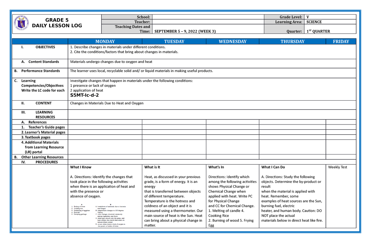 MELC Based DLL G5 Q1 WEEK 3 GRADE 5 DAILY LESSON LOG School Grade