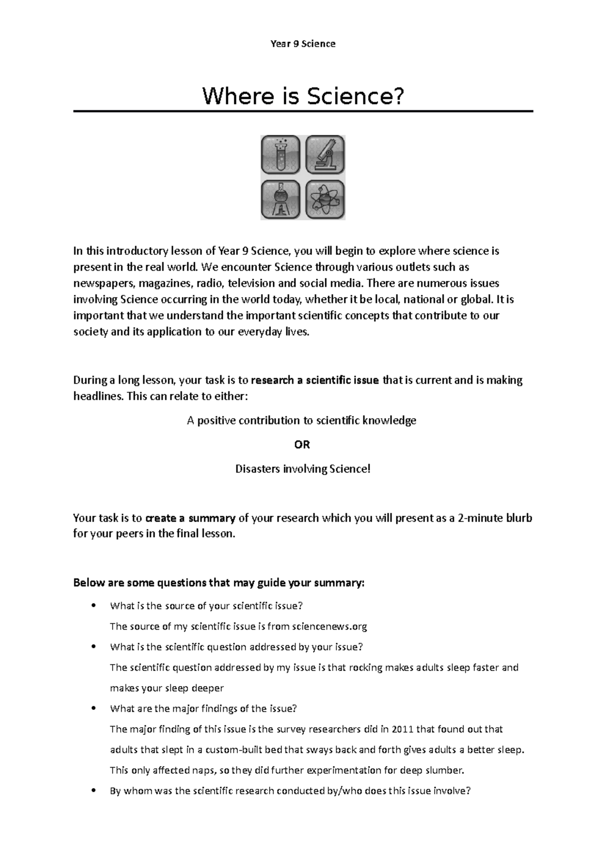 Where is Science Task 2019 - Year 9 Science Where is Science? In this ...