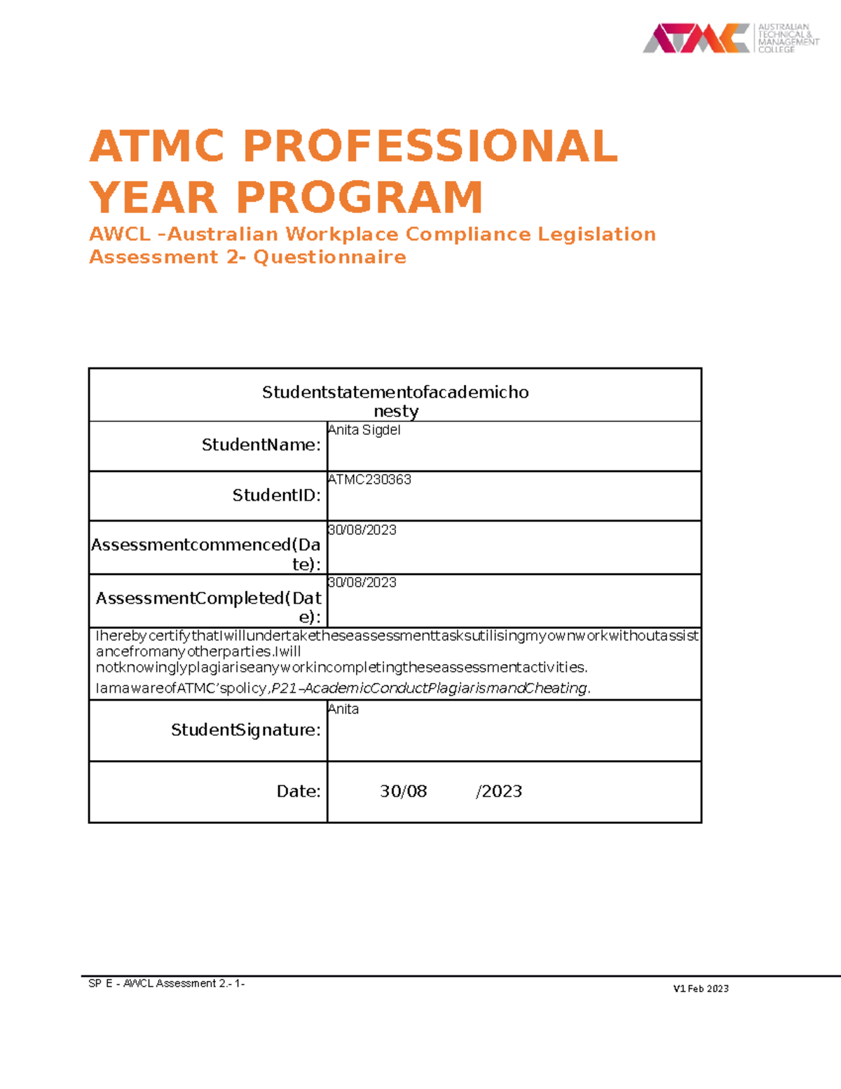 Assessment 2- AWCL Questionnaire Response V1 - EDECE6004 - Fed Uni ...