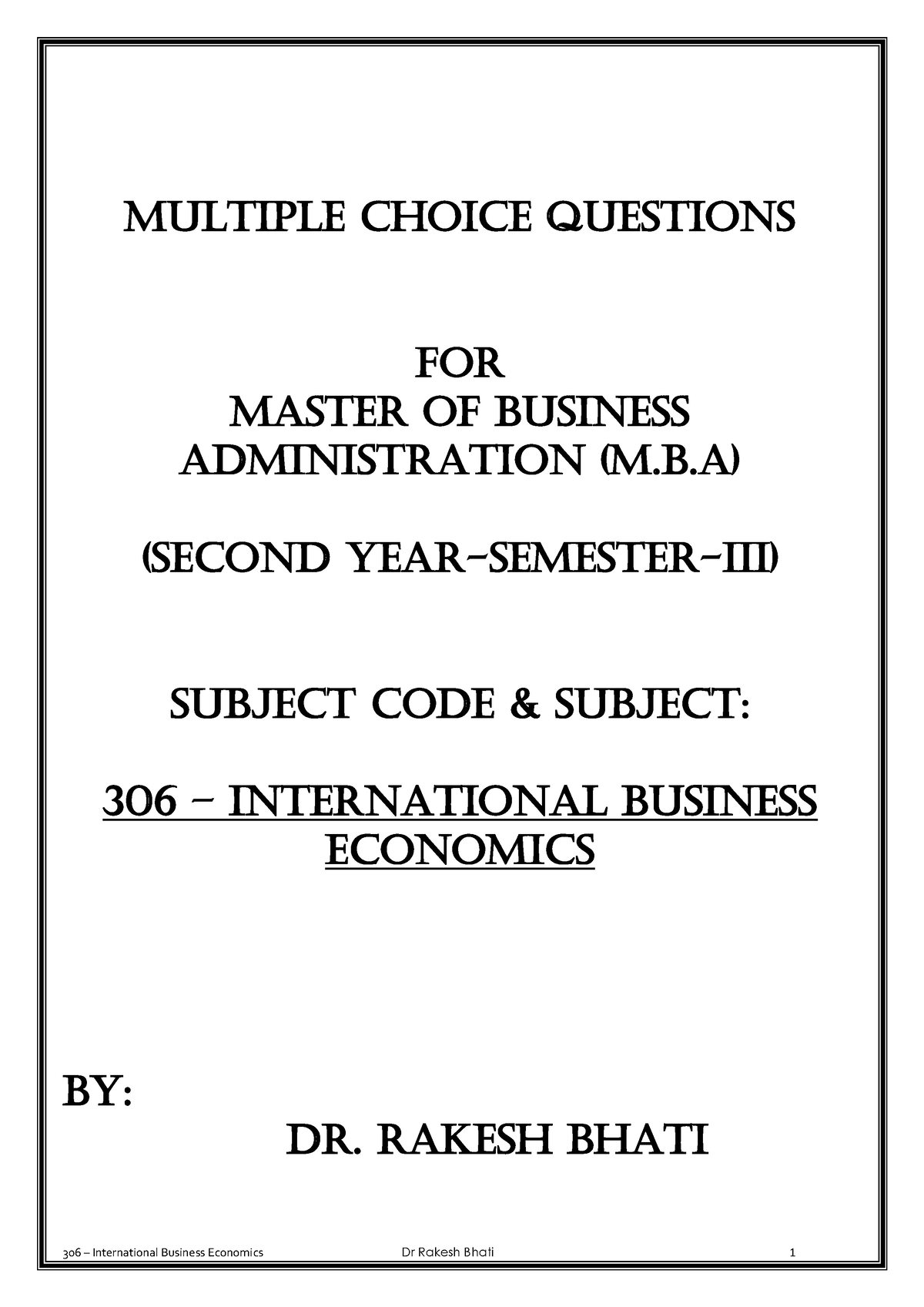 International Business Economics - Multiple Choice Questions FOR MASTER ...