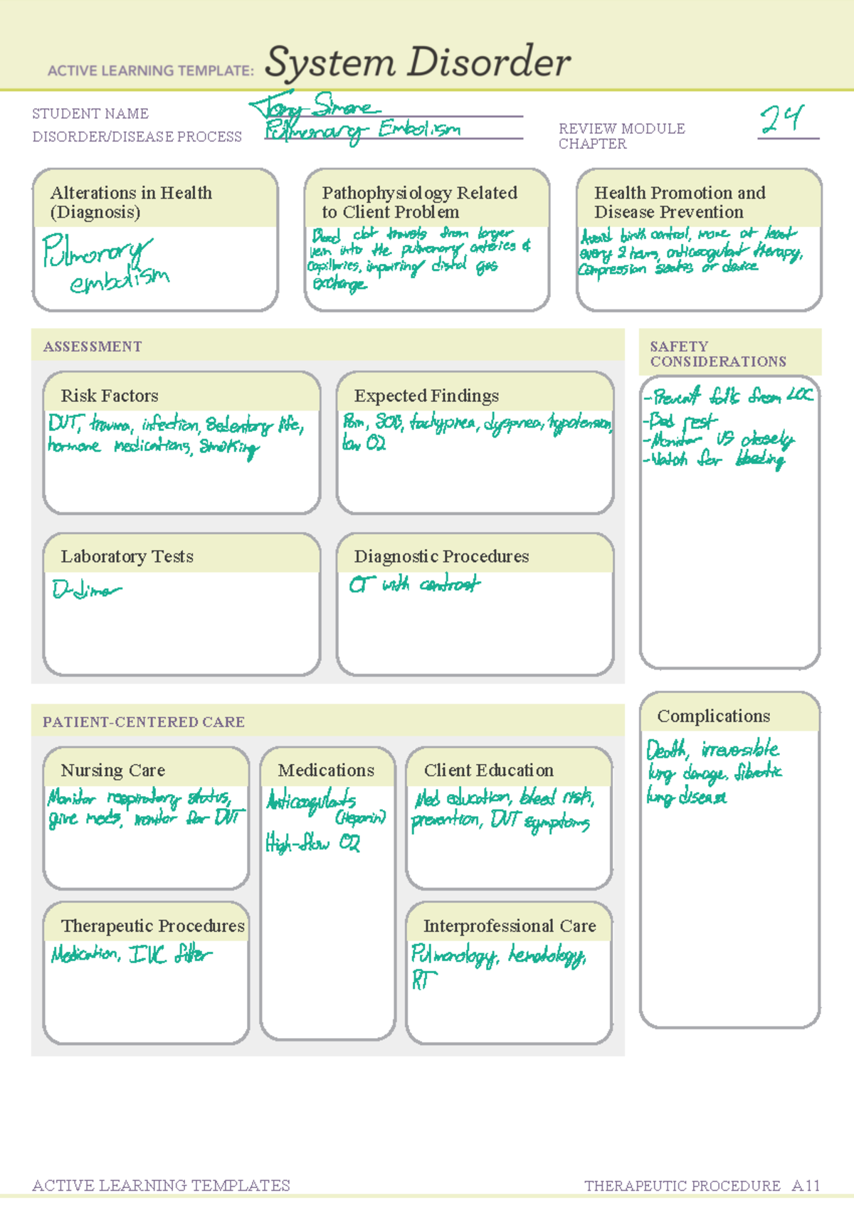 ATI Pulmonary Embolism System Disorder Active Learning Template 