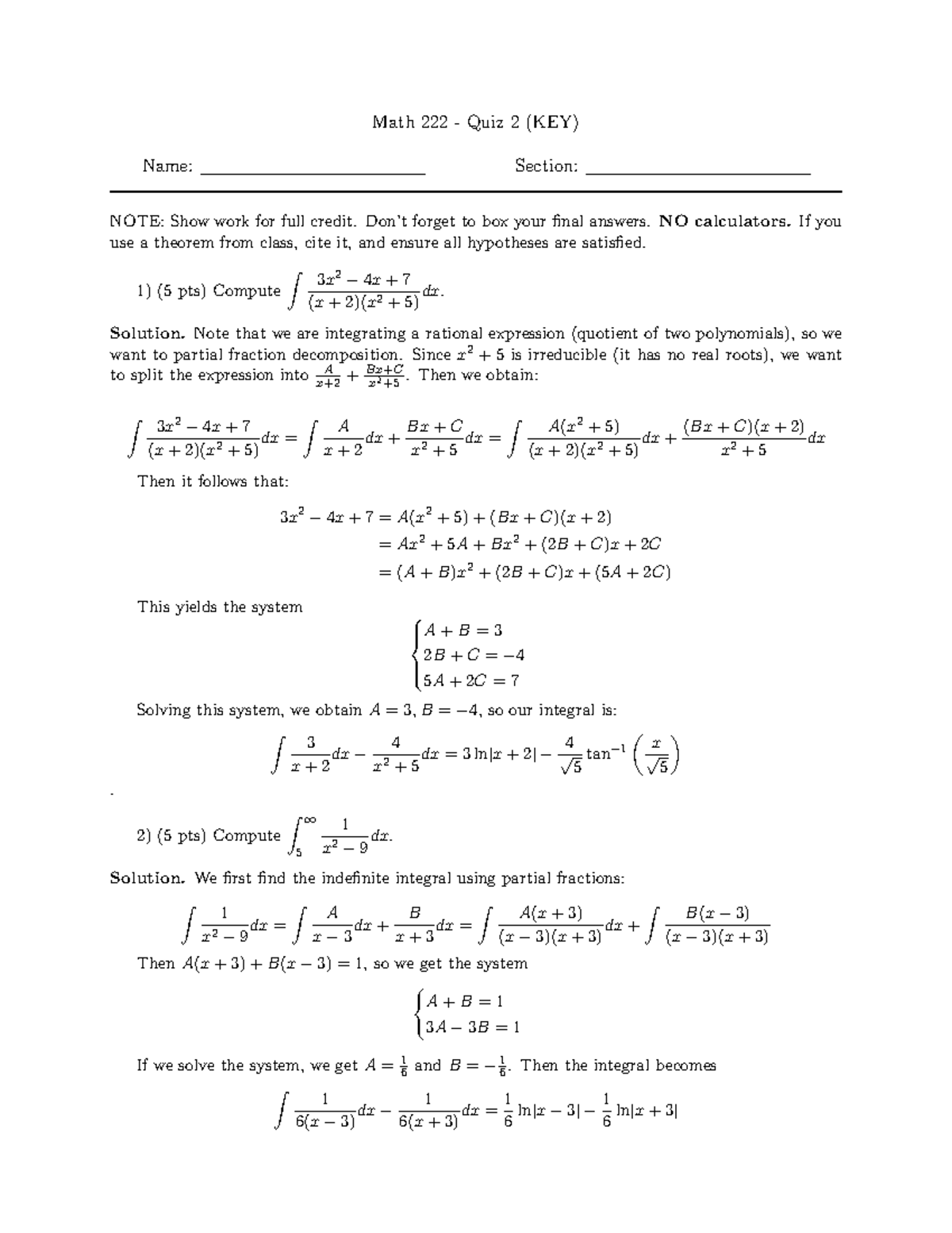 Quiz 2Solns - sheet with solutions - Math 222 - Quiz 2 (KEY) Name ...