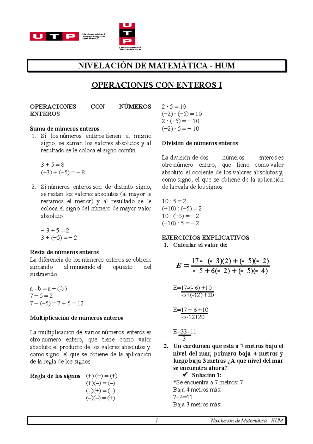 S01 - NIVELACIÓN DE MATEMÁTICA - HUM OPERACIONES CON ENTEROS I ...