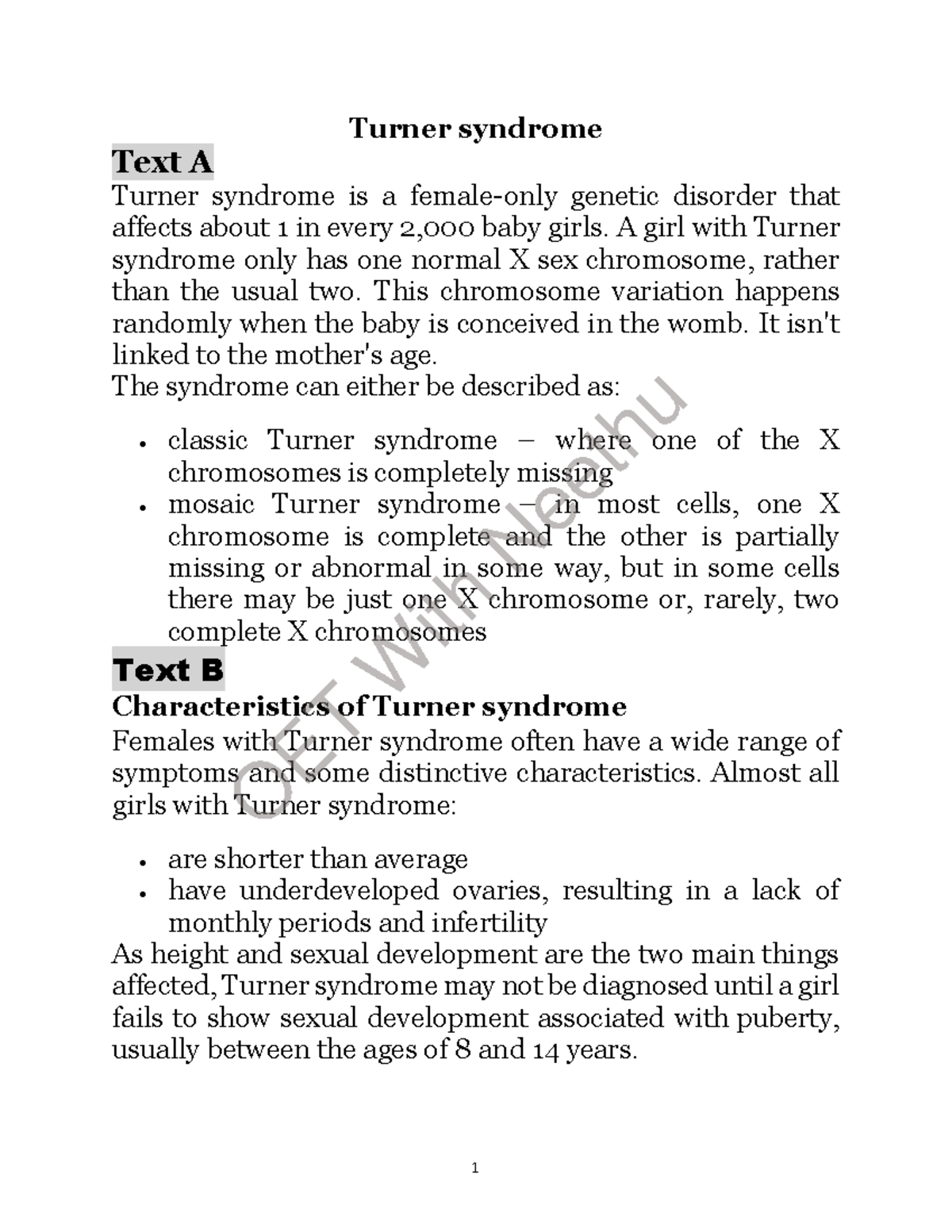 Turner syndrome OET reading part Afor exam preparation Turner syndrome Text A Turner syndrome