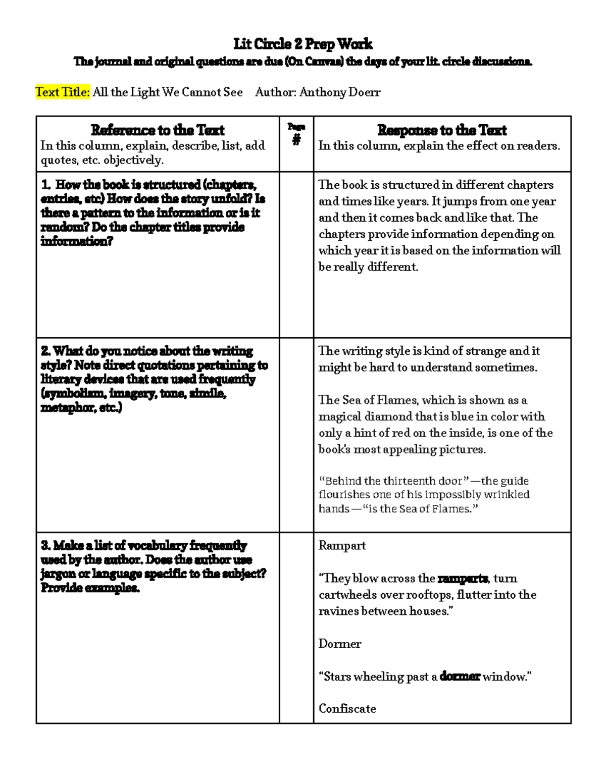 Lit Circle 2 Prep WorkStructure and Language Lit Circle 2 Prep Work