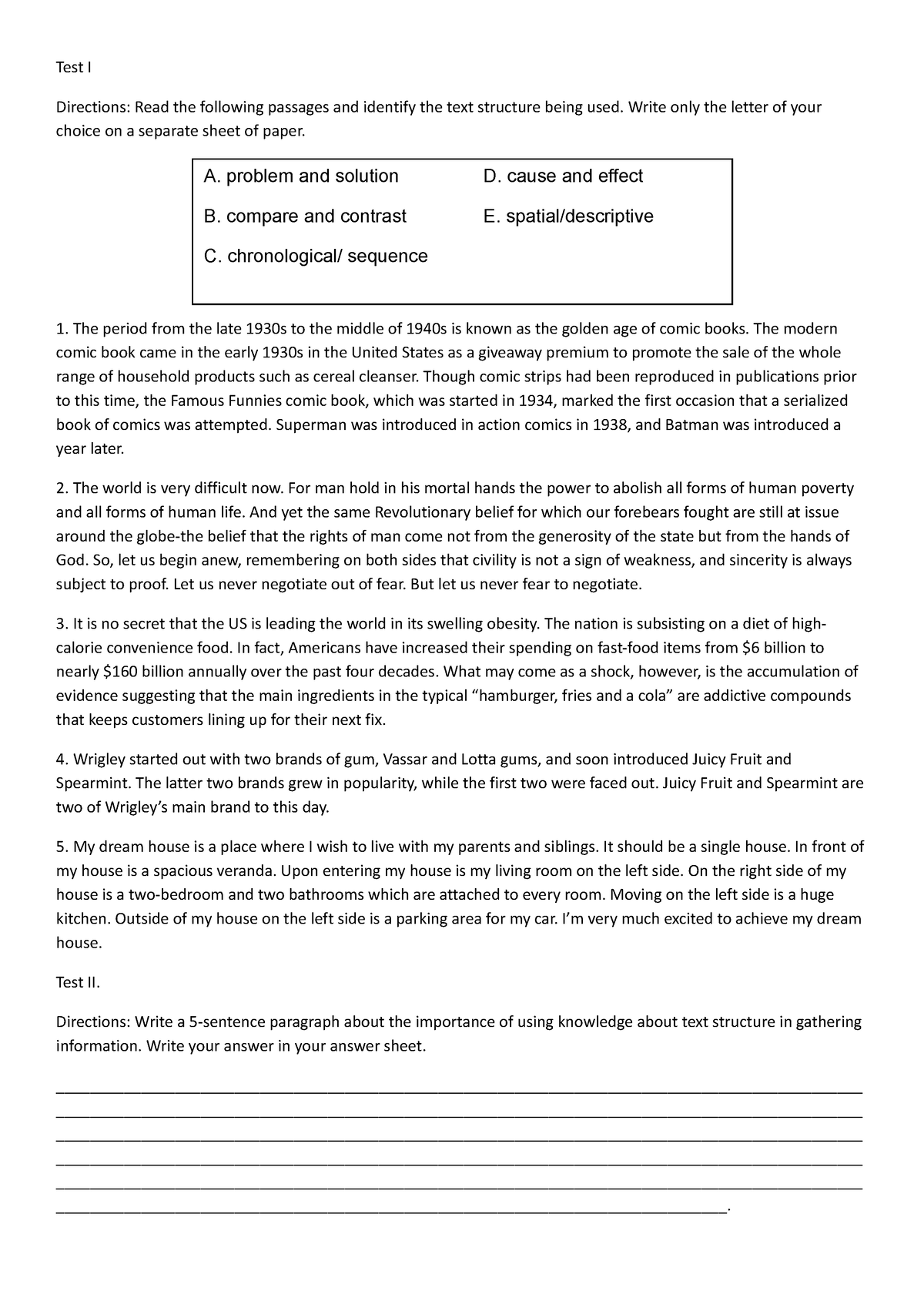 Test I - quiz - Test I Directions: Read the following passages and ...