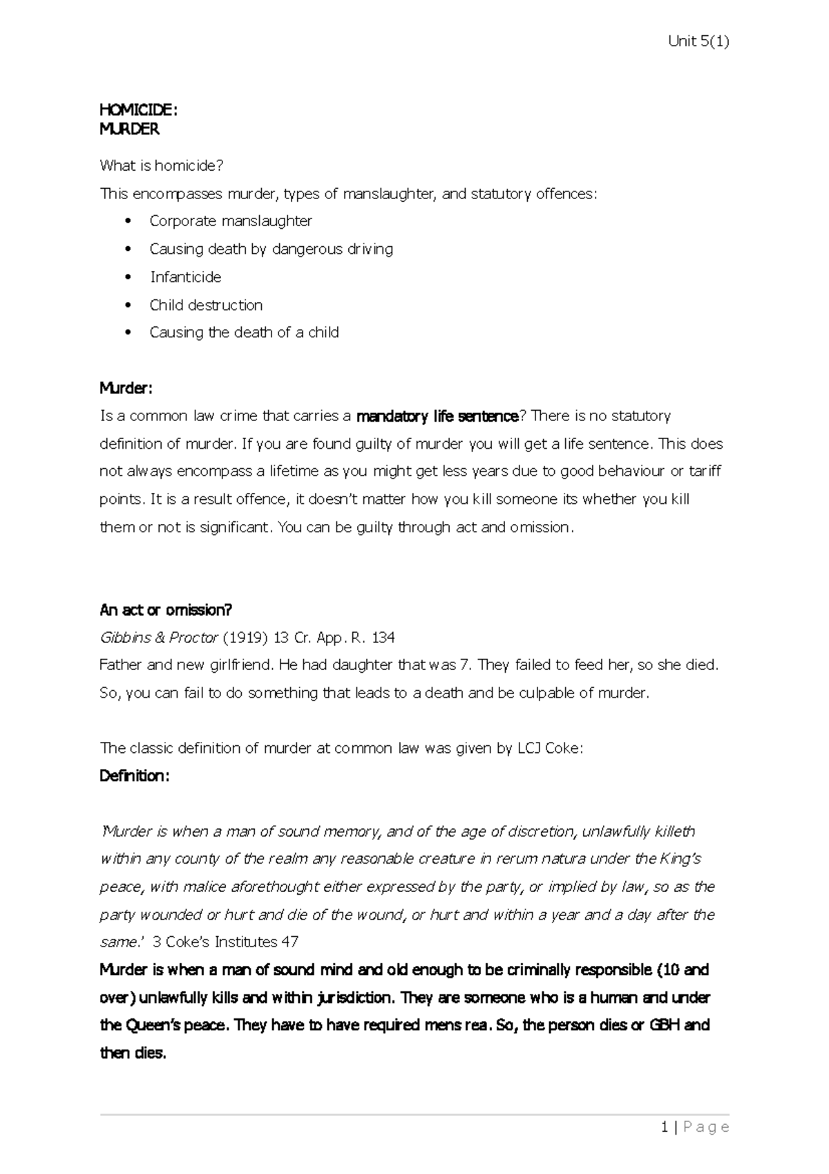 Unit 5.1 Homicide - HOMICIDE: MURDER What Is Homicide? This Encompasses ...